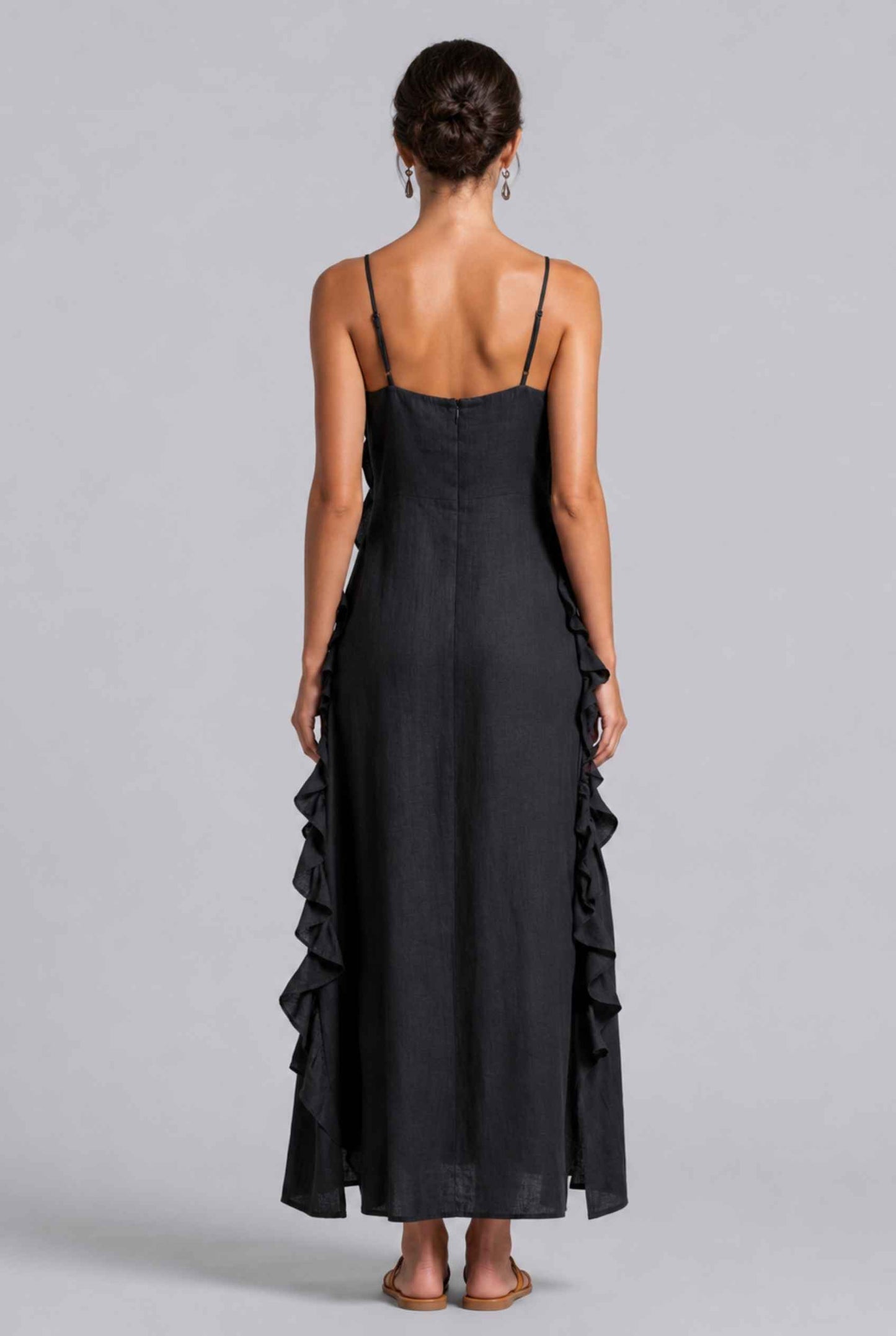 Virtual Model wearing The Anya Ruffle Trim Maxi Asymmetrical Black Maxi Dress