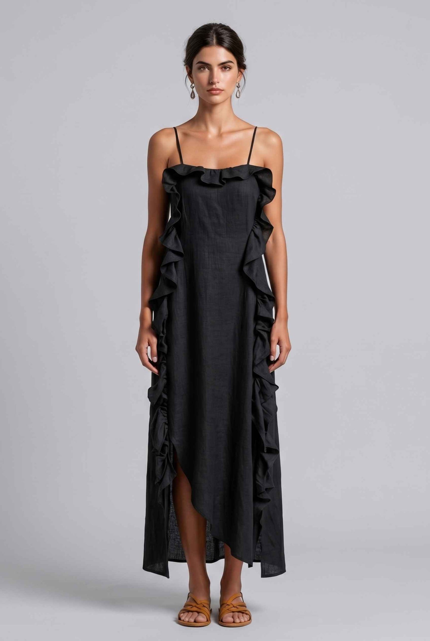 Virtual Model wearing The Anya Ruffle Trim Maxi Asymmetrical Black Maxi Dress