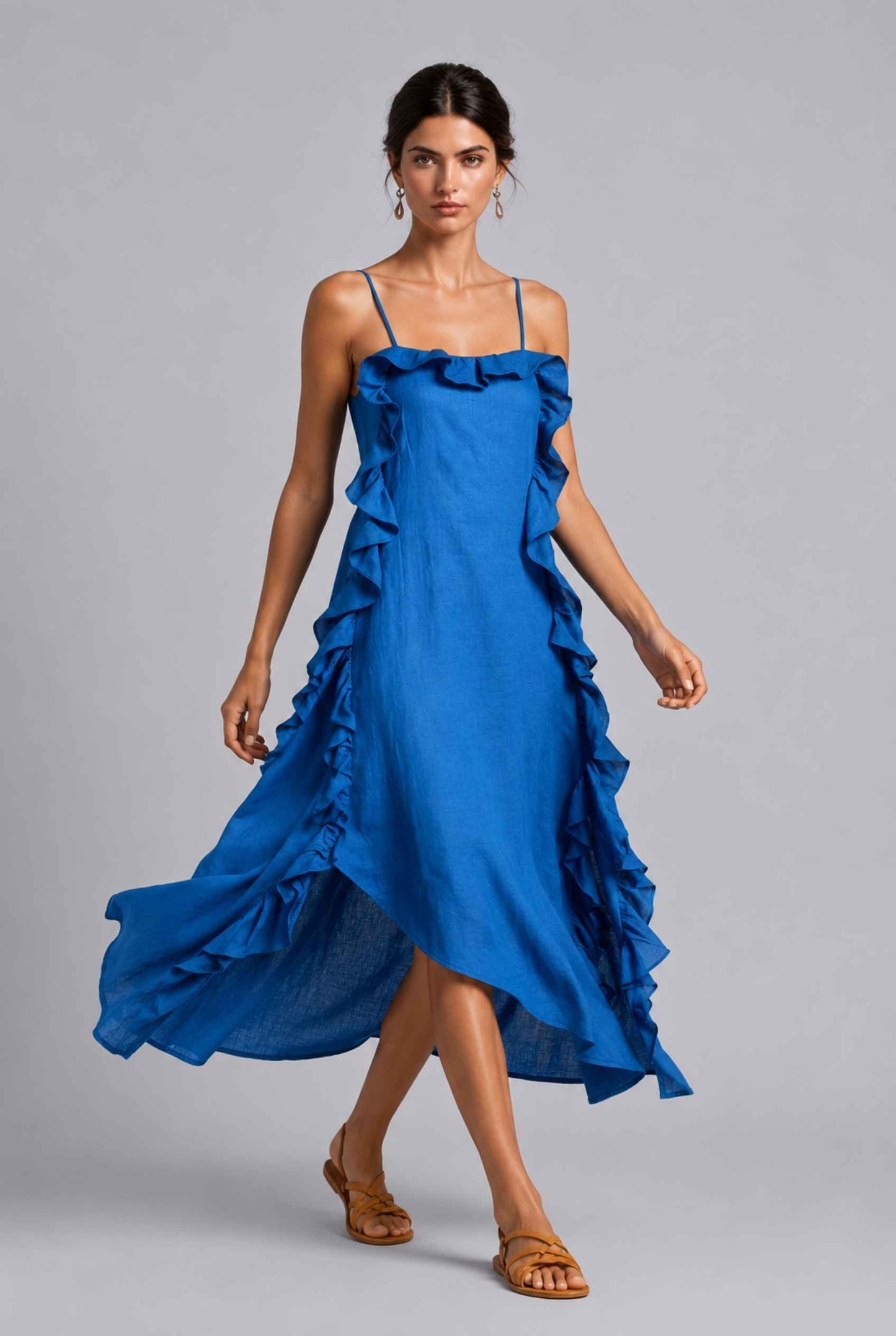 Virtual Model wearing The Anya Ruffle Trim Maxi Asymmetrical Blue Maxi Dress
