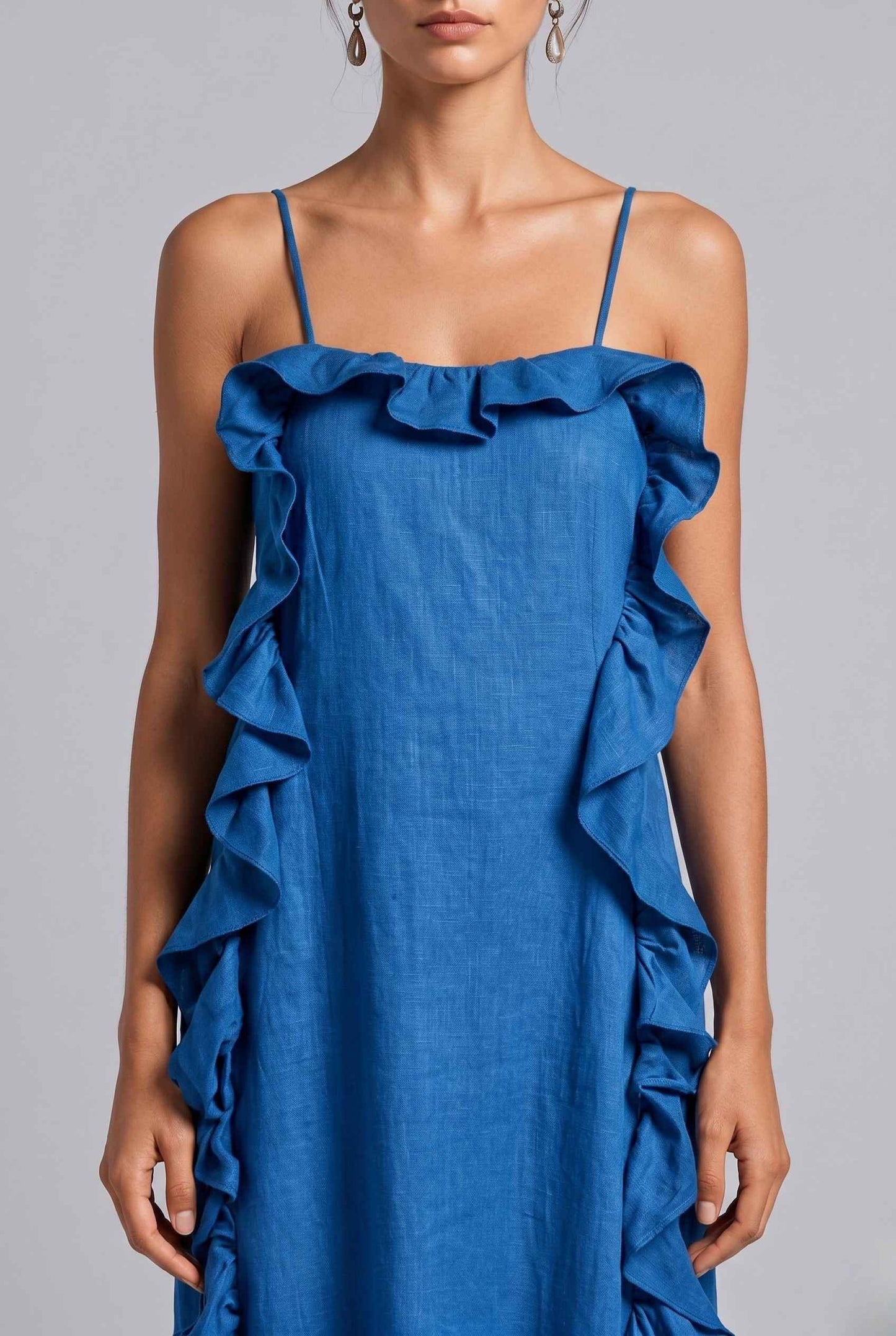 Virtual Model wearing The Anya Ruffle Trim Maxi Asymmetrical Blue Maxi Dress