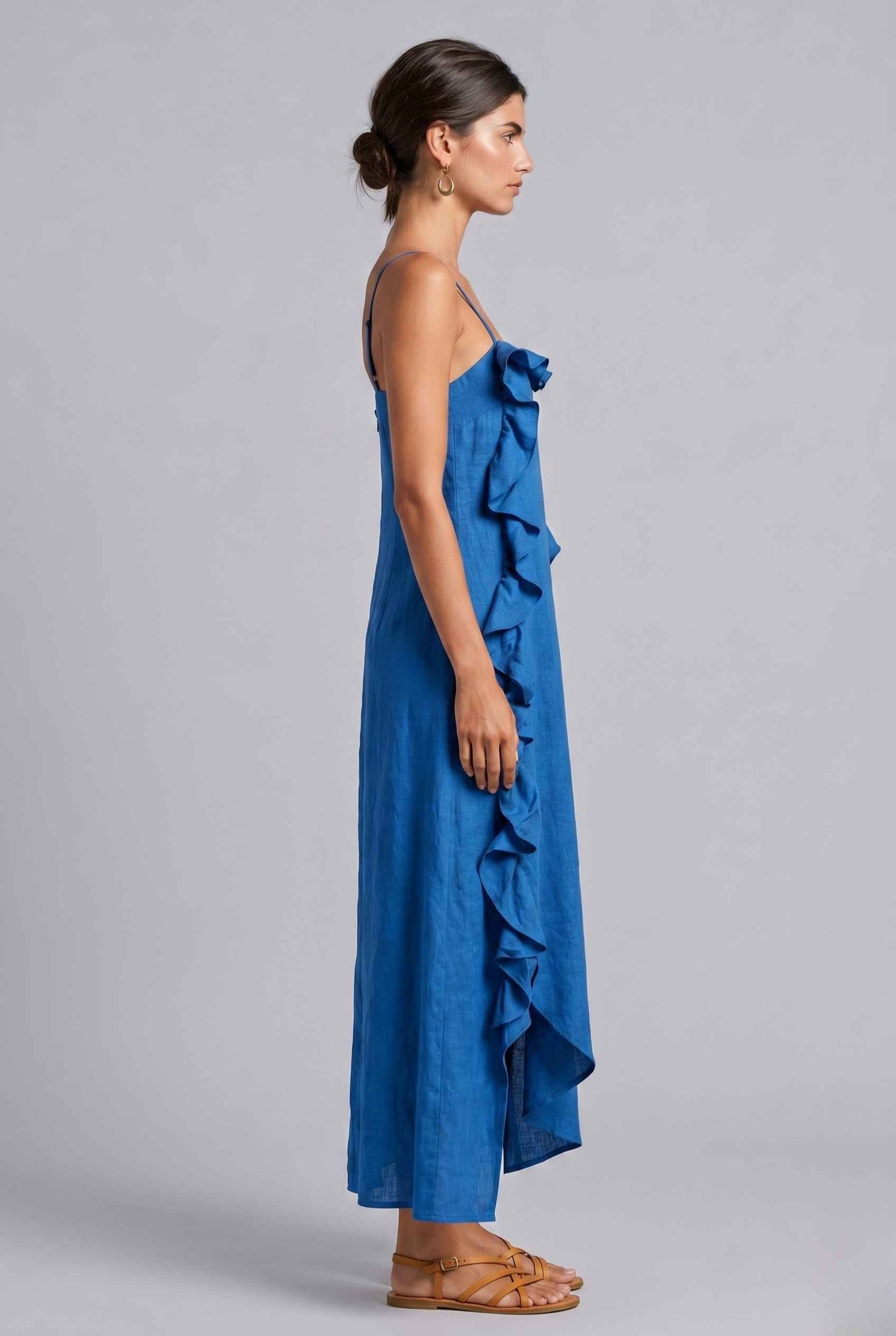 Virtual Model wearing The Anya Ruffle Trim Maxi Asymmetrical Blue Maxi Dress