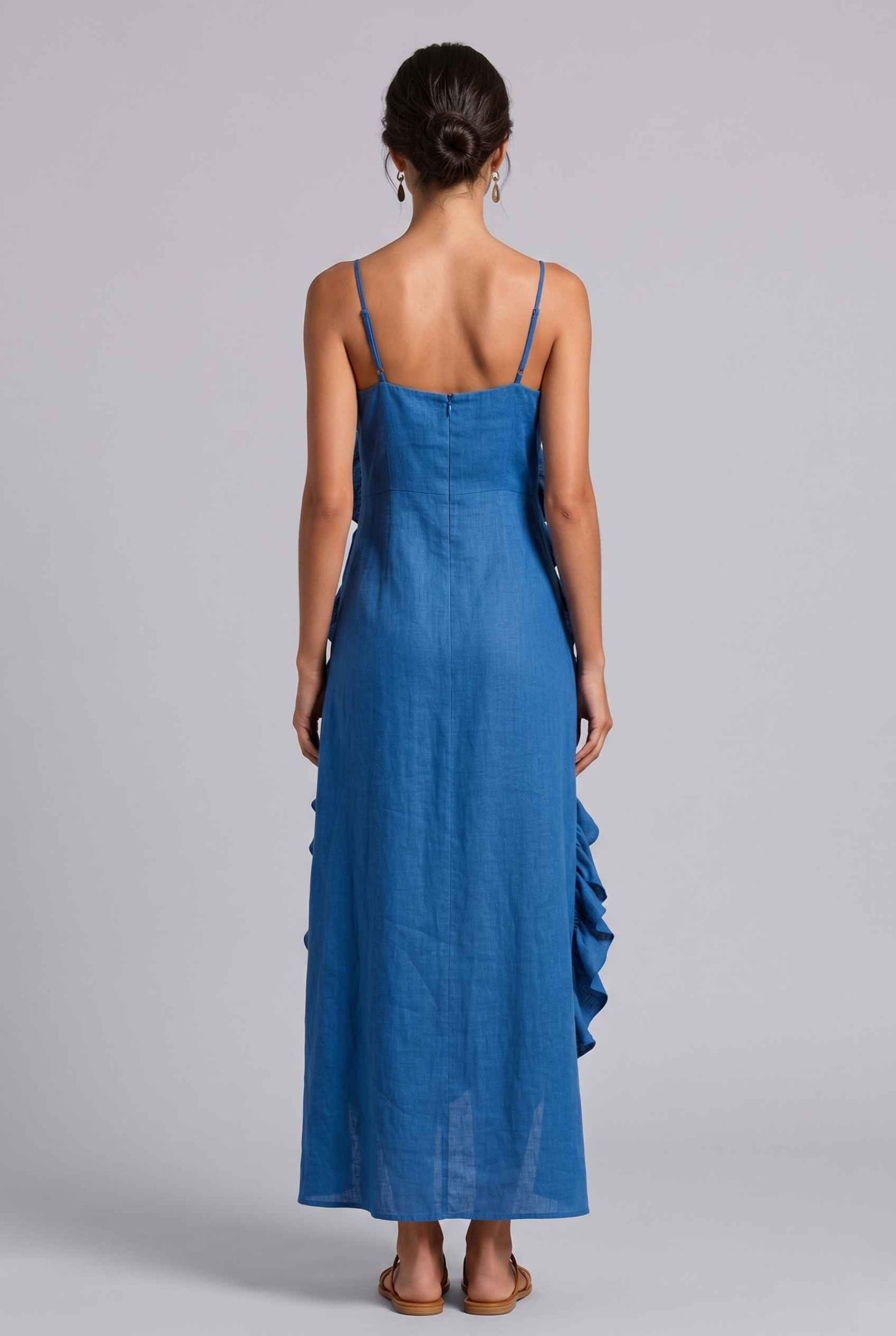 Virtual Model wearing The Anya Ruffle Trim Maxi Asymmetrical Blue Maxi Dress