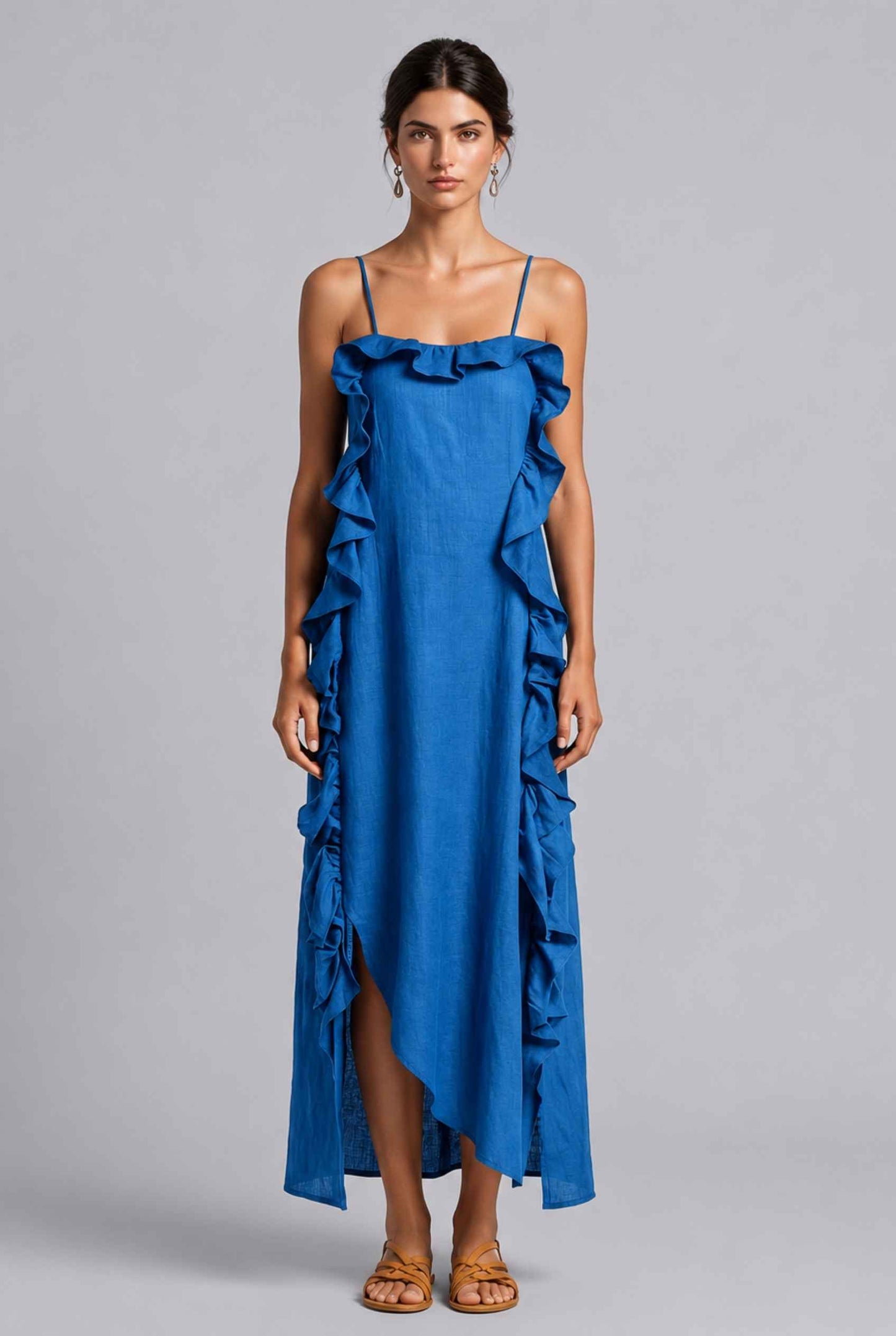 Virtual Model wearing The Anya Ruffle Trim Maxi Asymmetrical Blue Maxi Dress