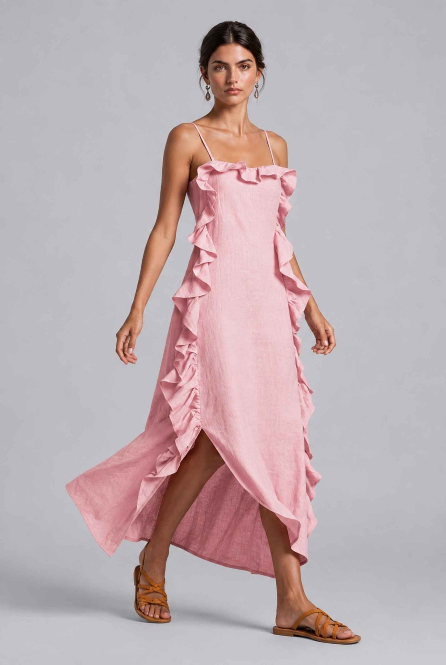 Virtual Model wearing The Anya Ruffle Trim Maxi Asymmetrical Light Pink Maxi Dress