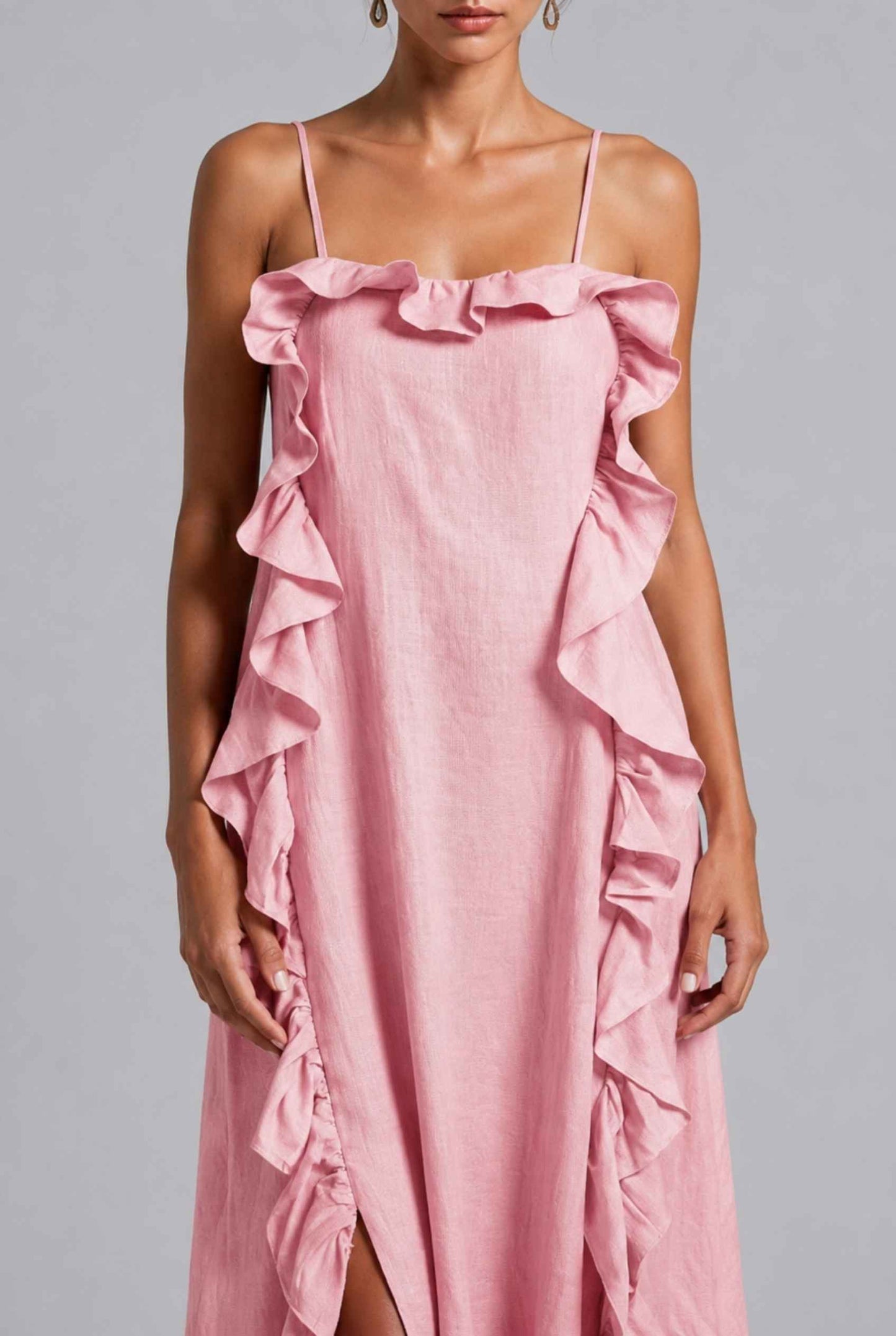 Virtual Model wearing The Anya Ruffle Trim Maxi Asymmetrical Light Pink Maxi Dress
