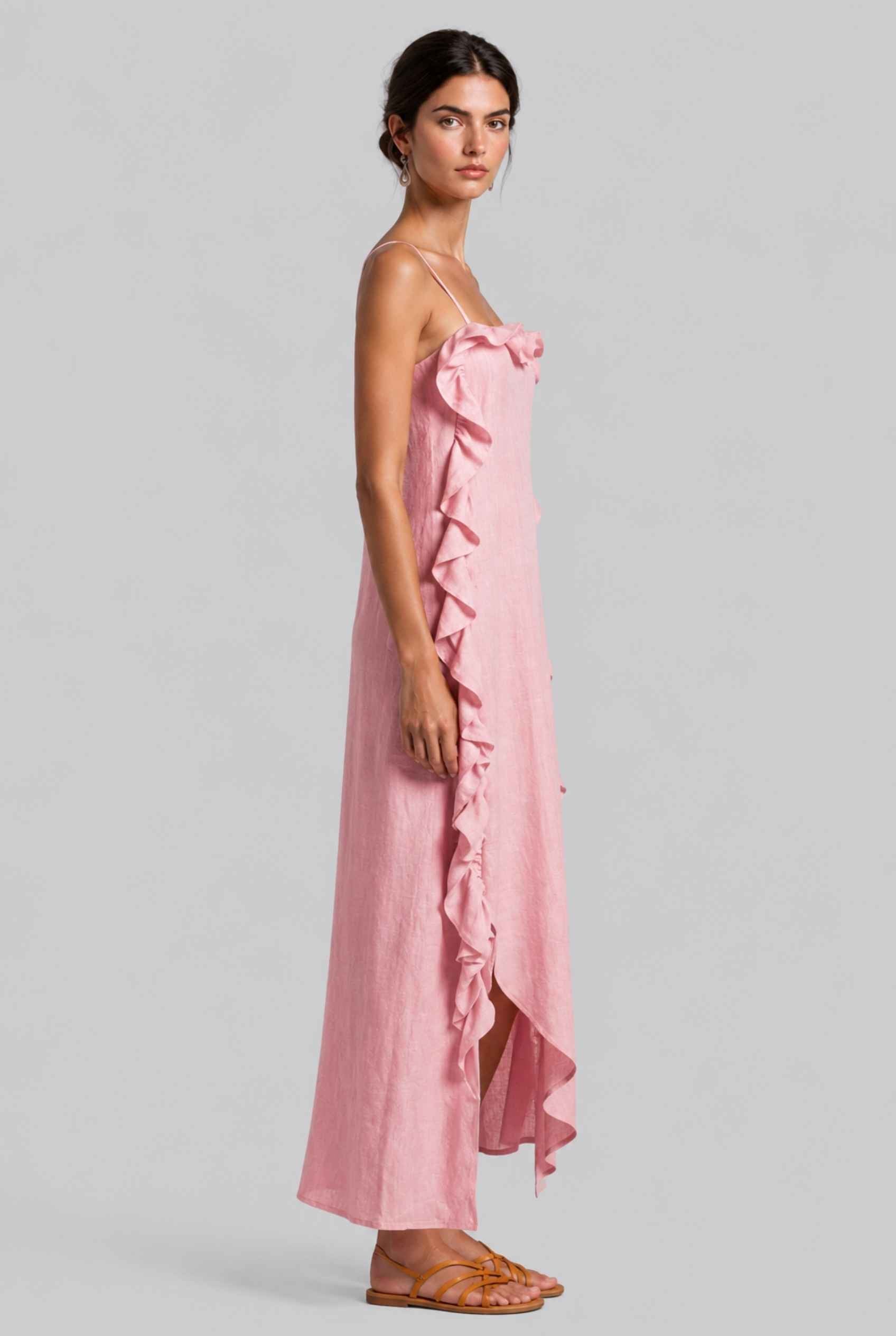 Virtual Model wearing The Anya Ruffle Trim Maxi Asymmetrical Light Pink Maxi Dress