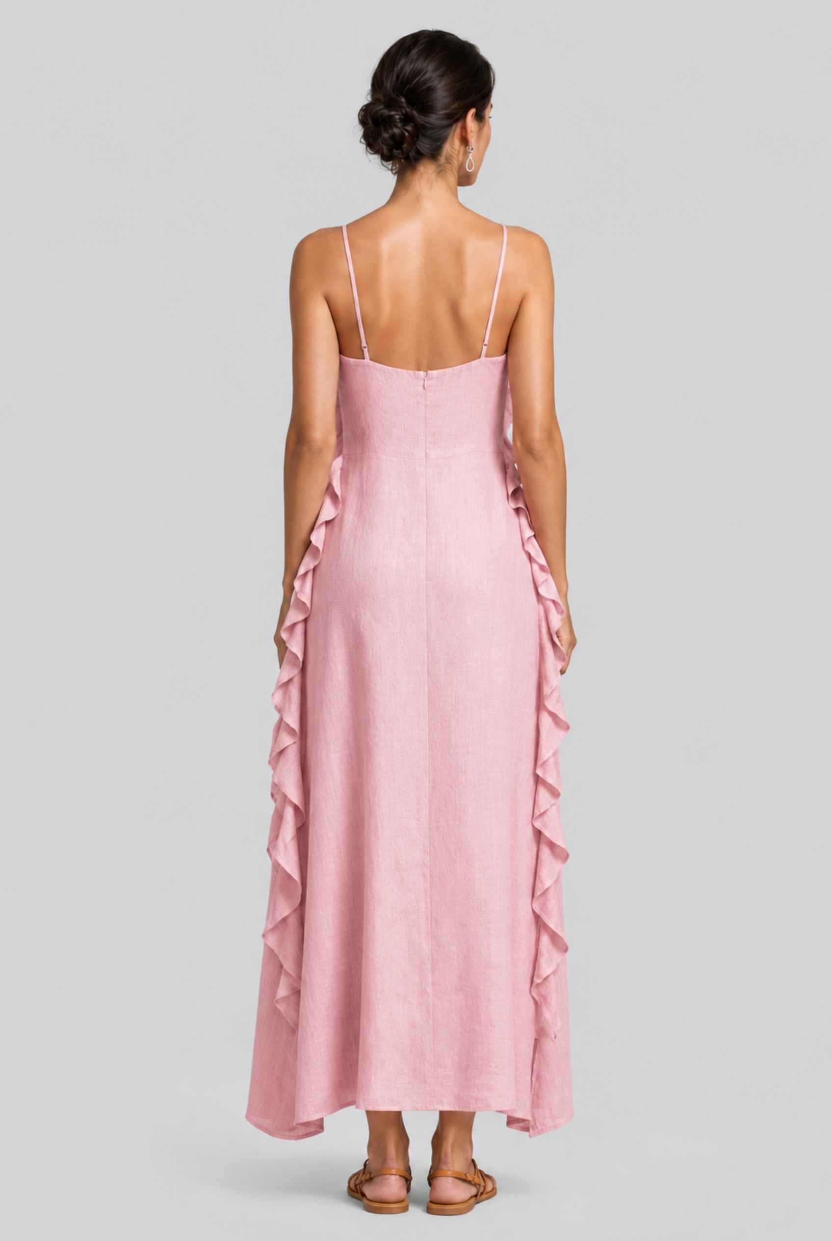 Virtual Model wearing The Anya Ruffle Trim Maxi Asymmetrical Light Pink Maxi Dress