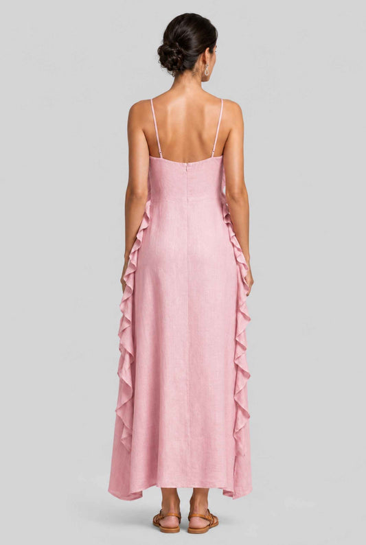 Virtual Model wearing The Anya Ruffle Trim Maxi Asymmetrical Light Pink Maxi Dress