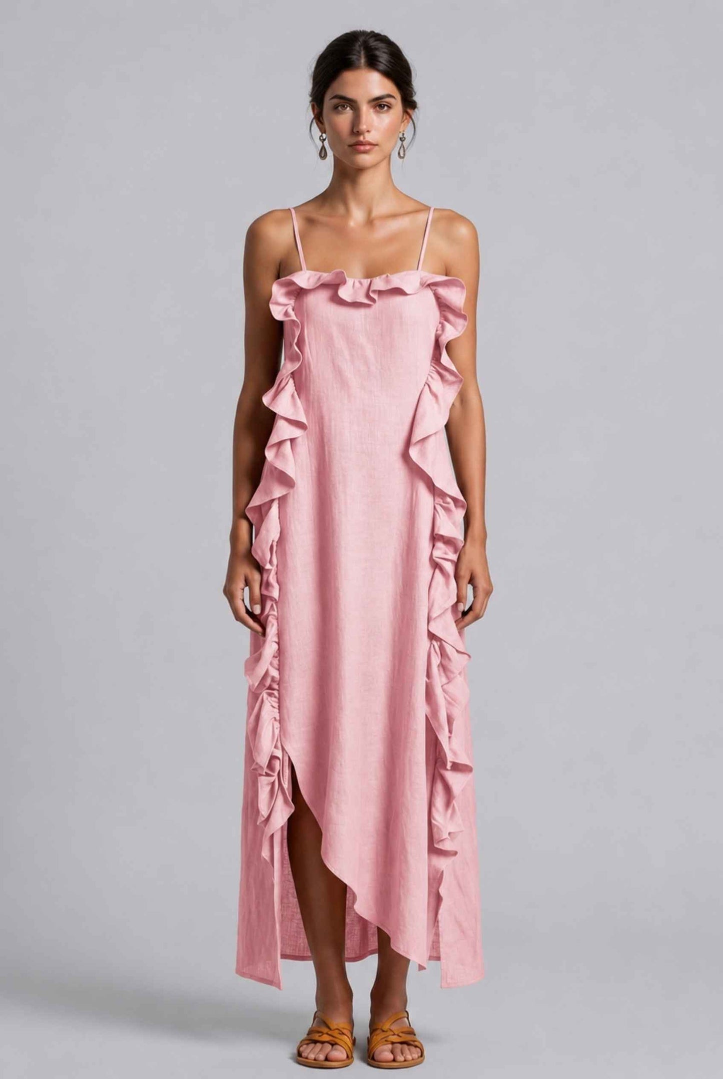 Virtual Model wearing The Anya Ruffle Trim Maxi Asymmetrical Light Pink Maxi Dress