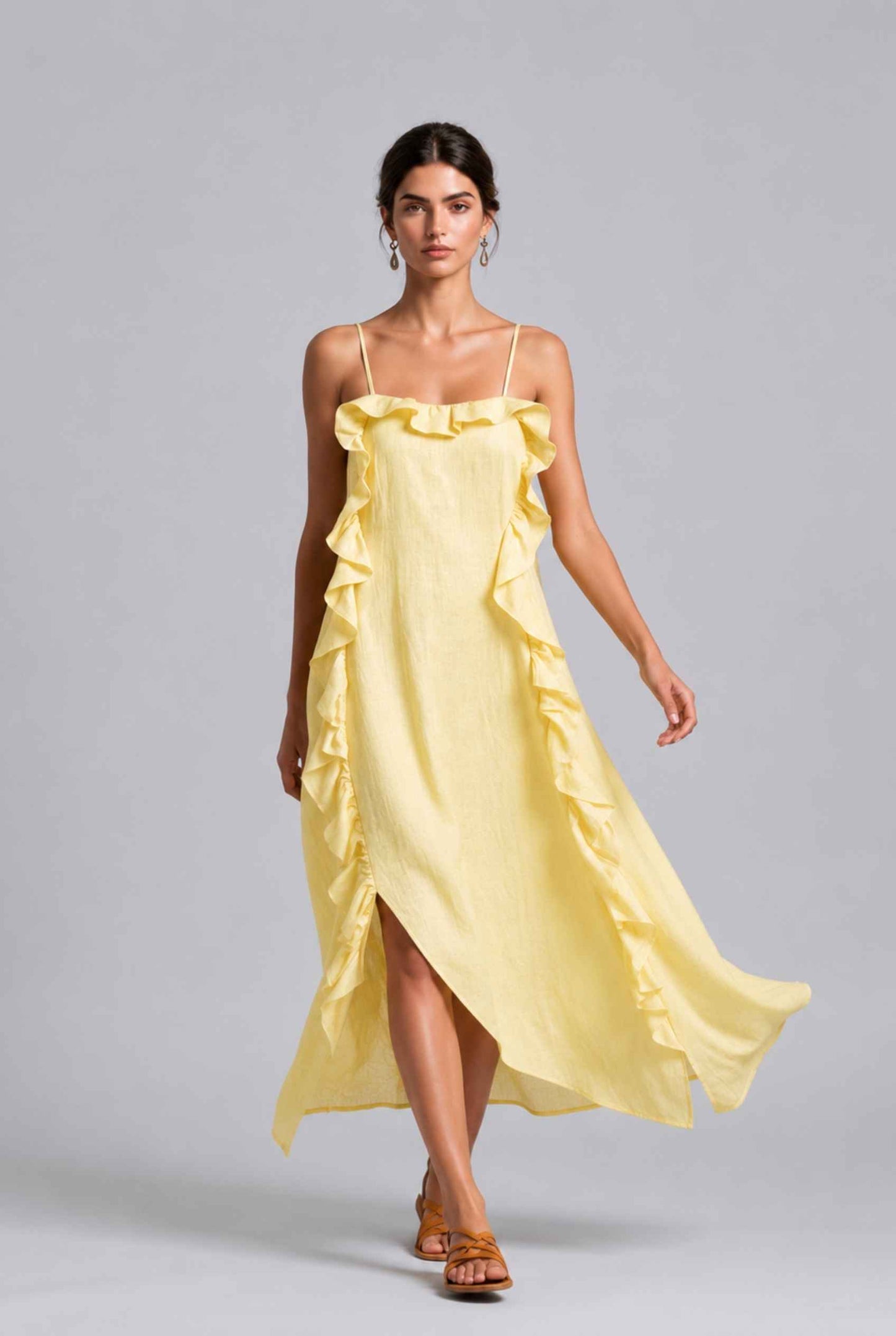 Virtual Model wearing The Anya Ruffle Trim Maxi Asymmetrical Yellow Maxi Dress