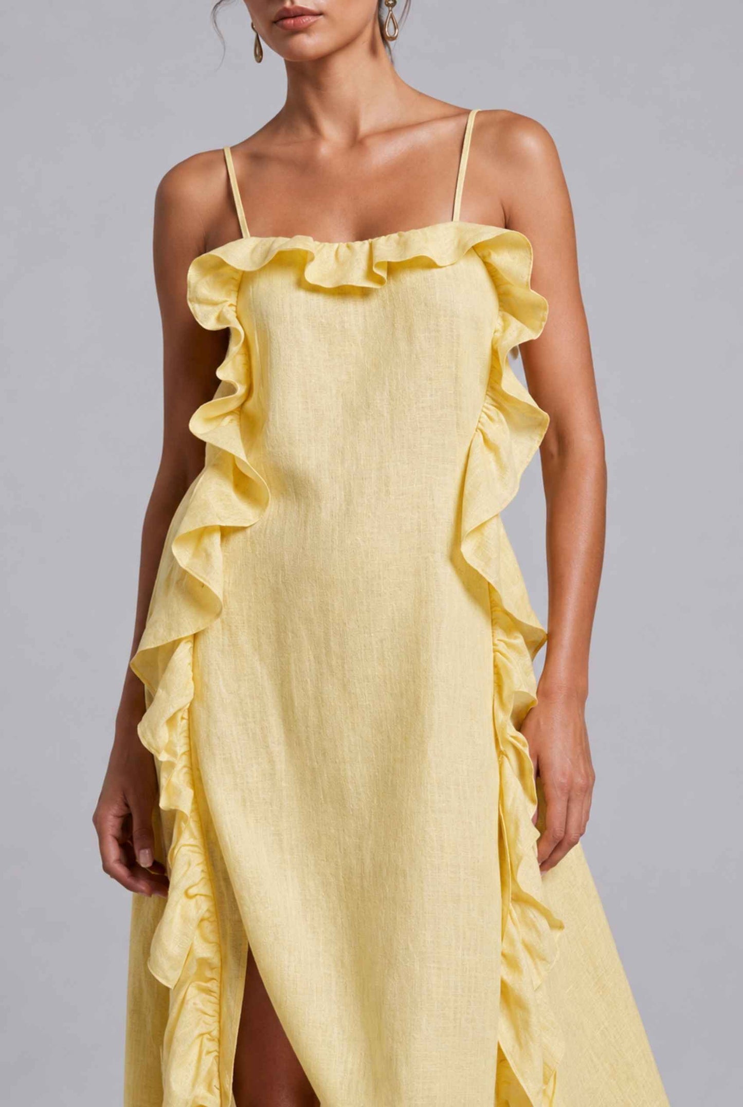 Virtual Model wearing The Anya Ruffle Trim Maxi Asymmetrical Yellow Maxi Dress