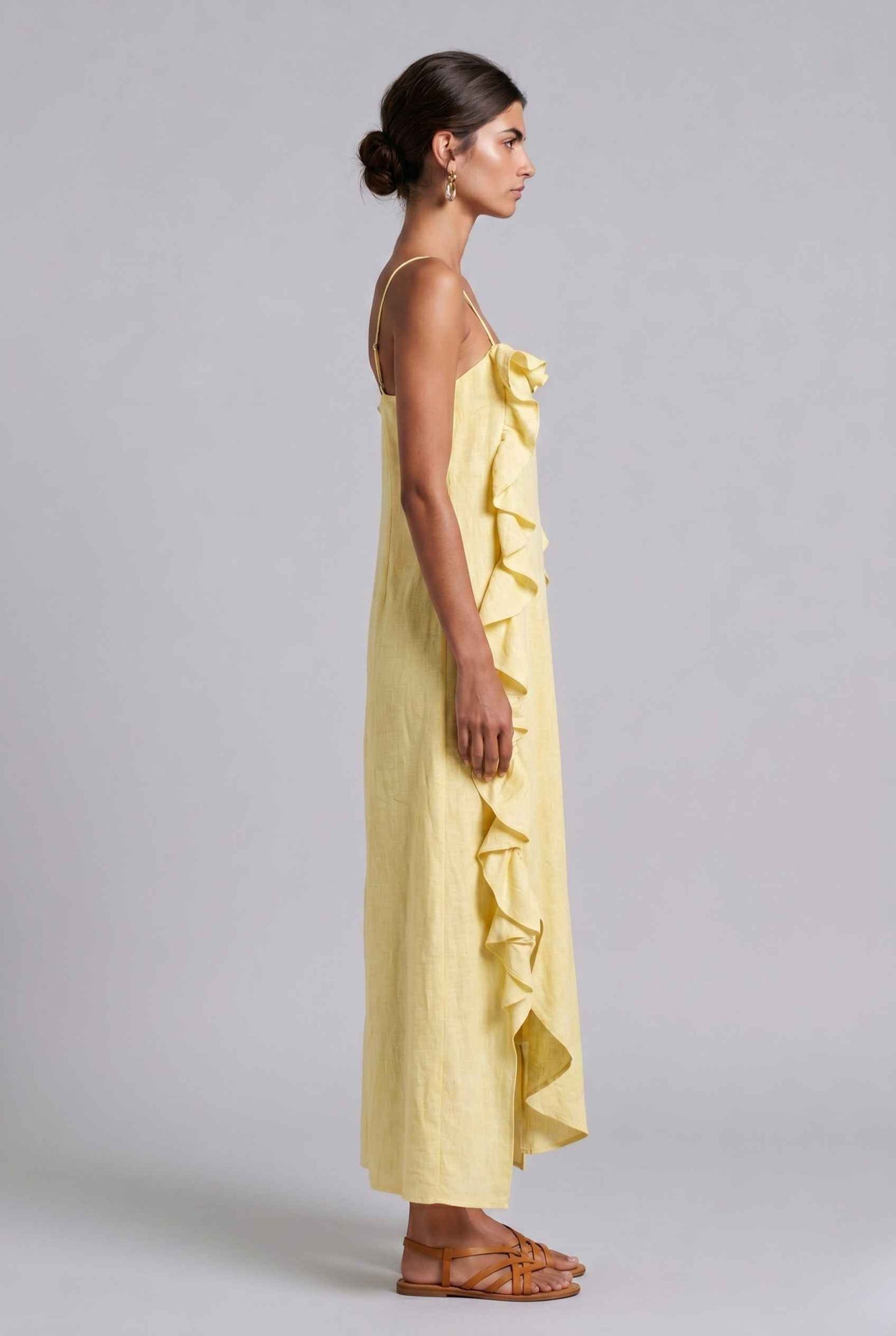 Virtual Model wearing The Anya Ruffle Trim Maxi Asymmetrical Yellow Maxi Dress