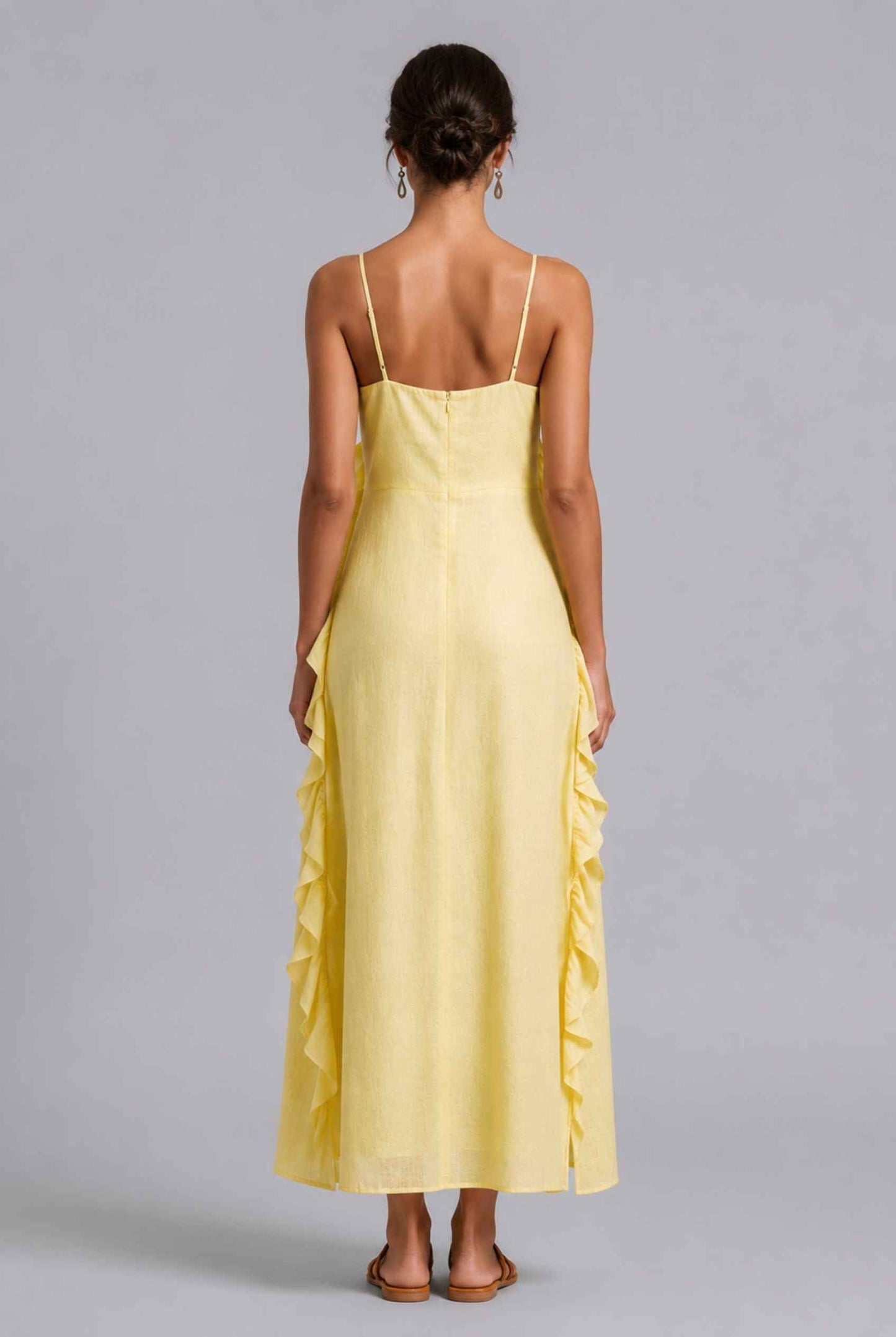 Virtual Model wearing The Anya Ruffle Trim Maxi Asymmetrical Yellow Maxi Dress