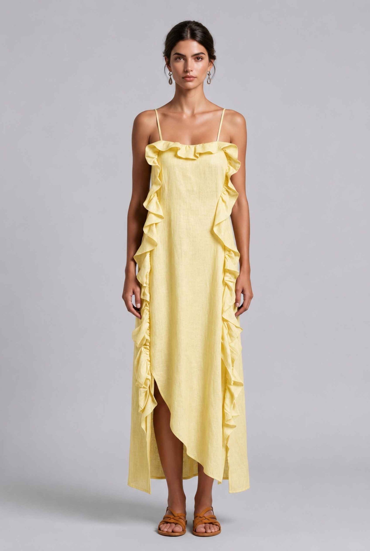 Virtual Model wearing The Anya Ruffle Trim Maxi Asymmetrical Yellow Maxi Dress