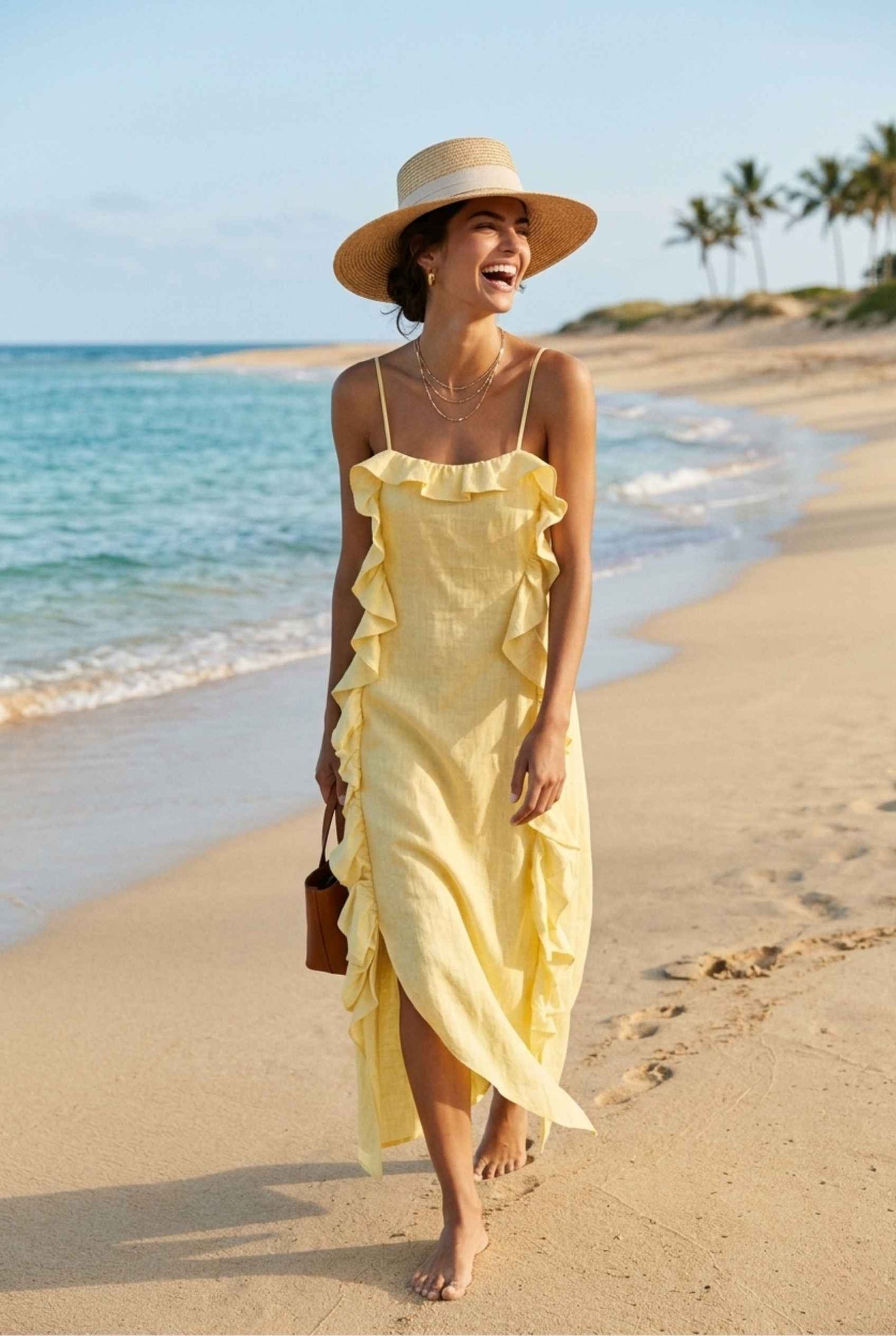 Virtual Model wearing The Anya Ruffle Trim Maxi Asymmetrical Yellow Maxi Dress