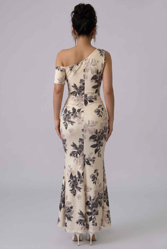 Virtual Model wearing The Arabella One-Shoulder Dress Ruched Beige Floral Long Dress