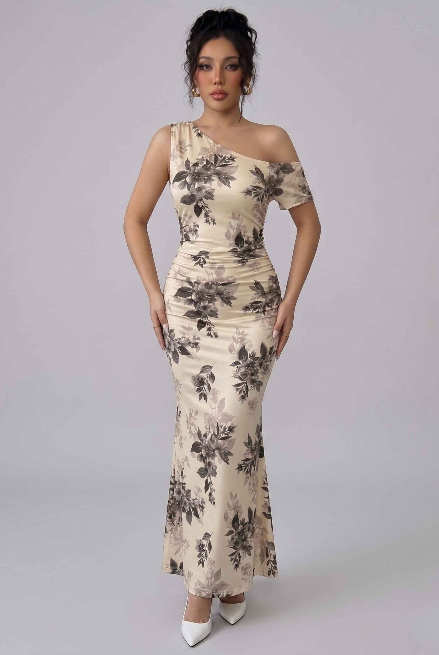 Virtual Model wearing The Arabella One-Shoulder Dress Ruched Beige Floral Long Dress