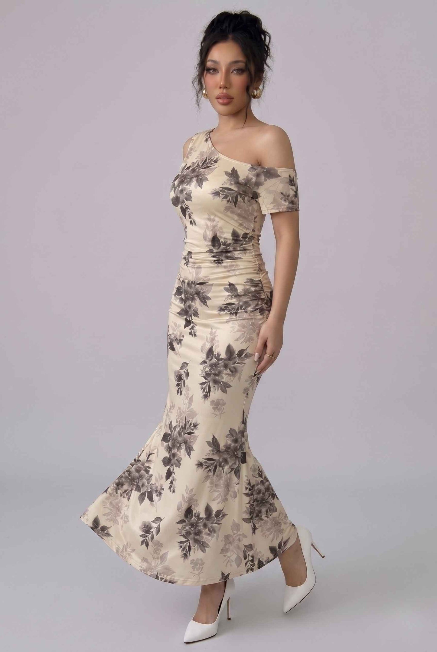 Virtual Model wearing The Arabella One-Shoulder Dress Ruched Beige Floral Long Dress