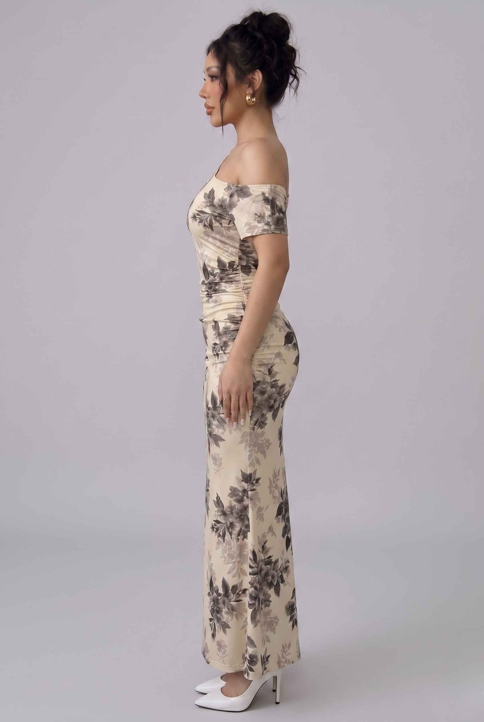Virtual Model wearing The Arabella One-Shoulder Dress Ruched Beige Floral Long Dress