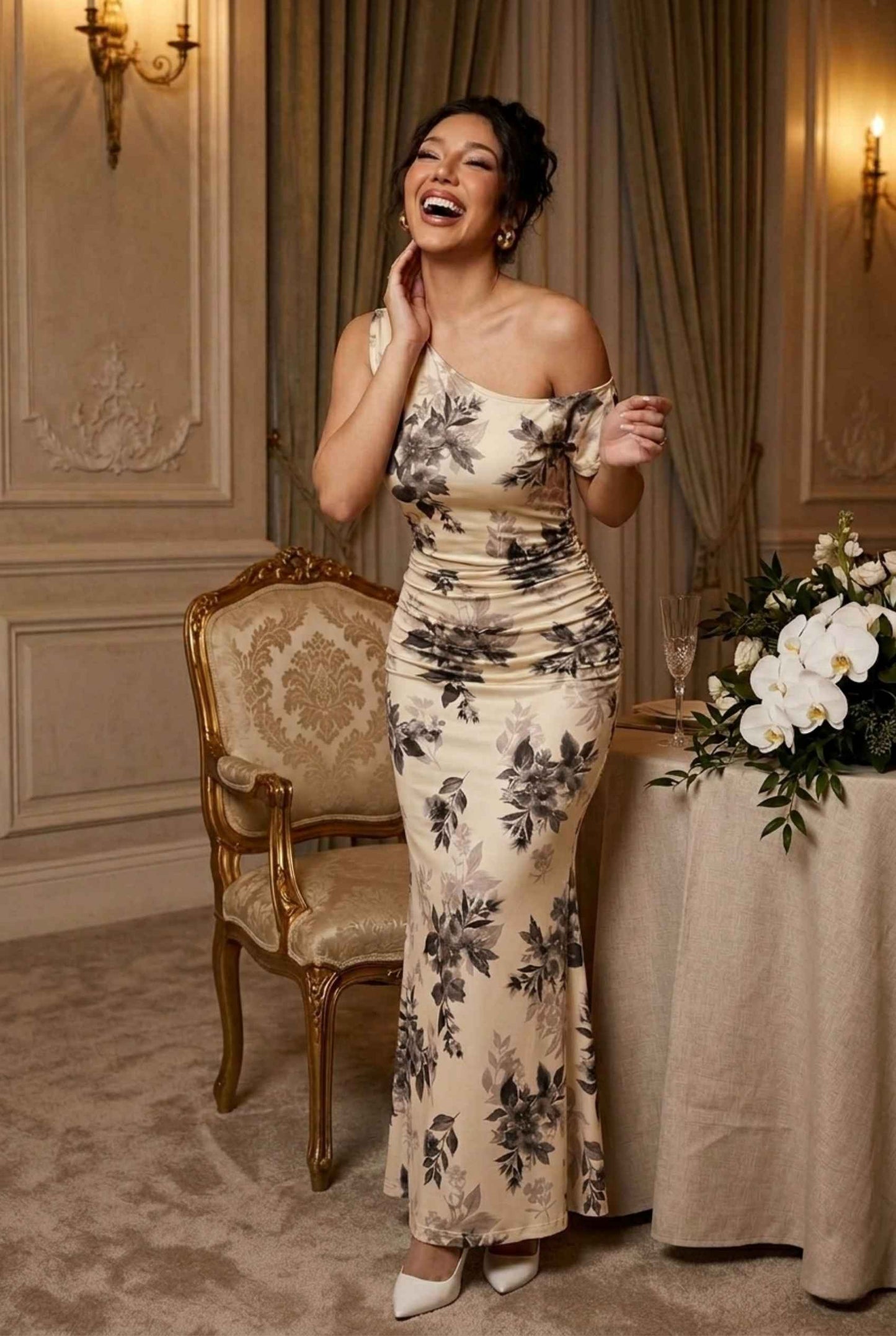Virtual Model wearing The Arabella One-Shoulder Dress Ruched Beige Floral Long Dress
