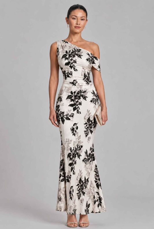 Virtual model wearing The Arabella One-Shoulder Dress Ruched Floral Off-Shoulder Gown in Beige