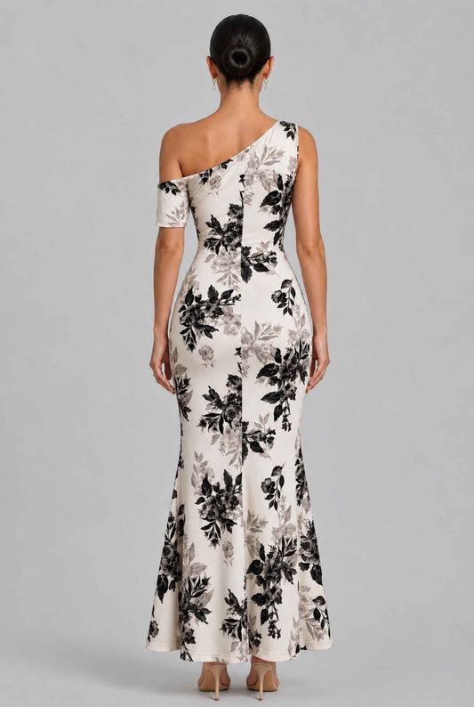 Virtual model wearing The Arabella One-Shoulder Dress Ruched Floral Off-Shoulder Gown in Beige