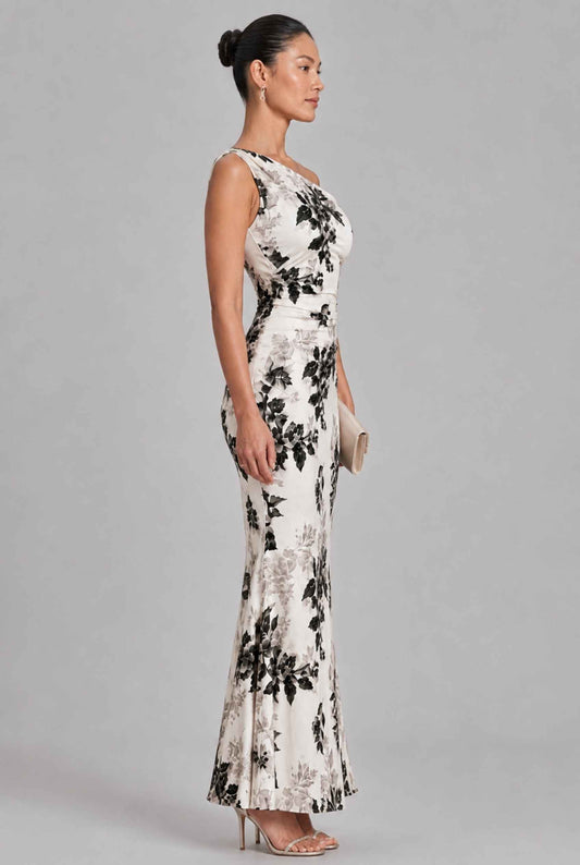Virtual model wearing The Arabella One-Shoulder Dress Ruched Floral Off-Shoulder Gown in Beige