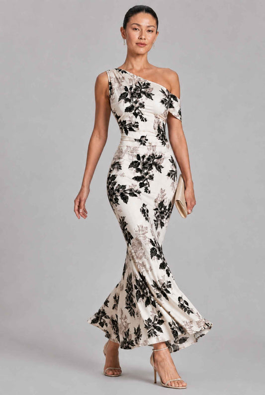 Virtual model wearing The Arabella One-Shoulder Dress Ruched Floral Off-Shoulder Gown in Beige