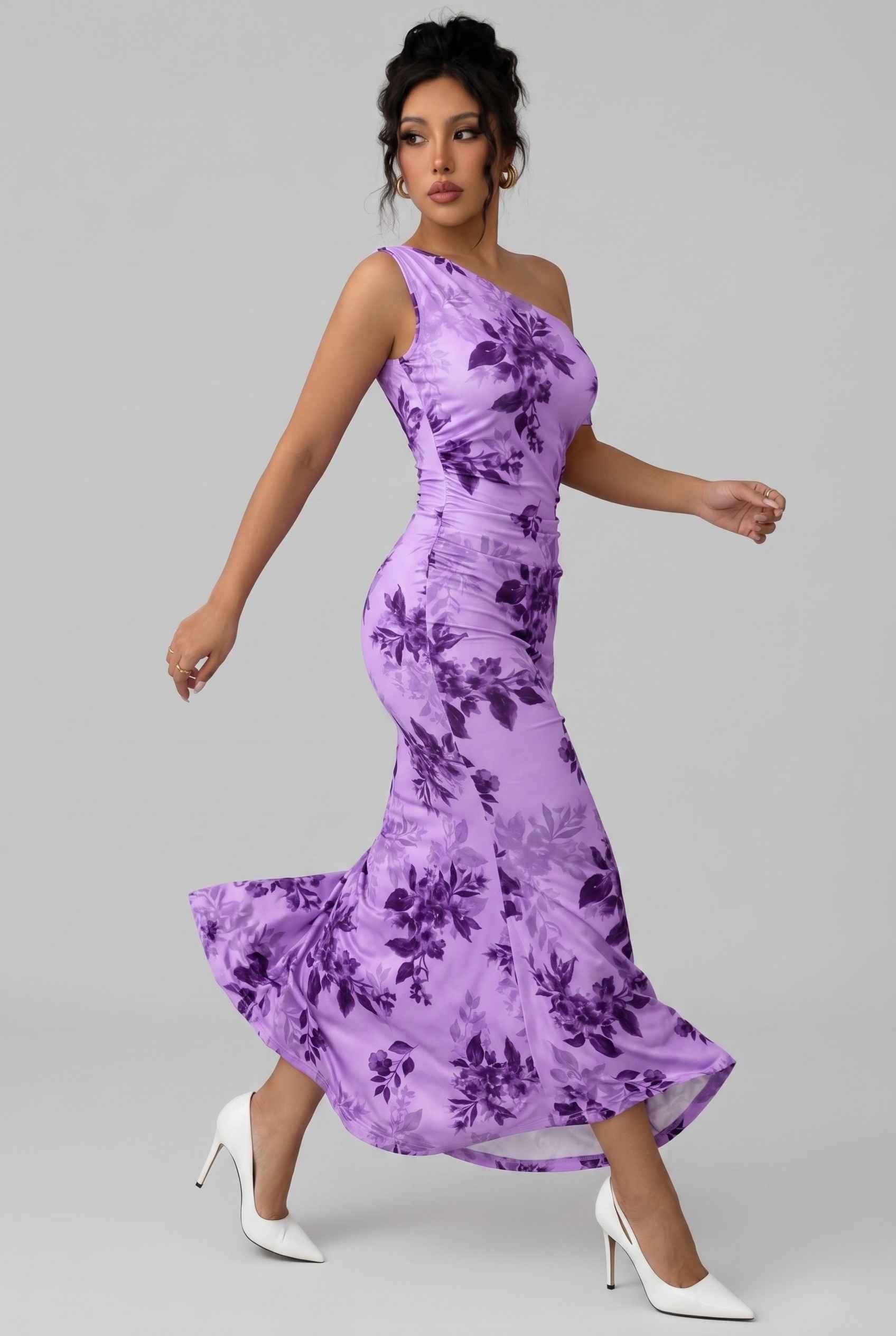 Virtual Model wearing The Arabella One-Shoulder Dress Ruched Purple Floral Long Dress