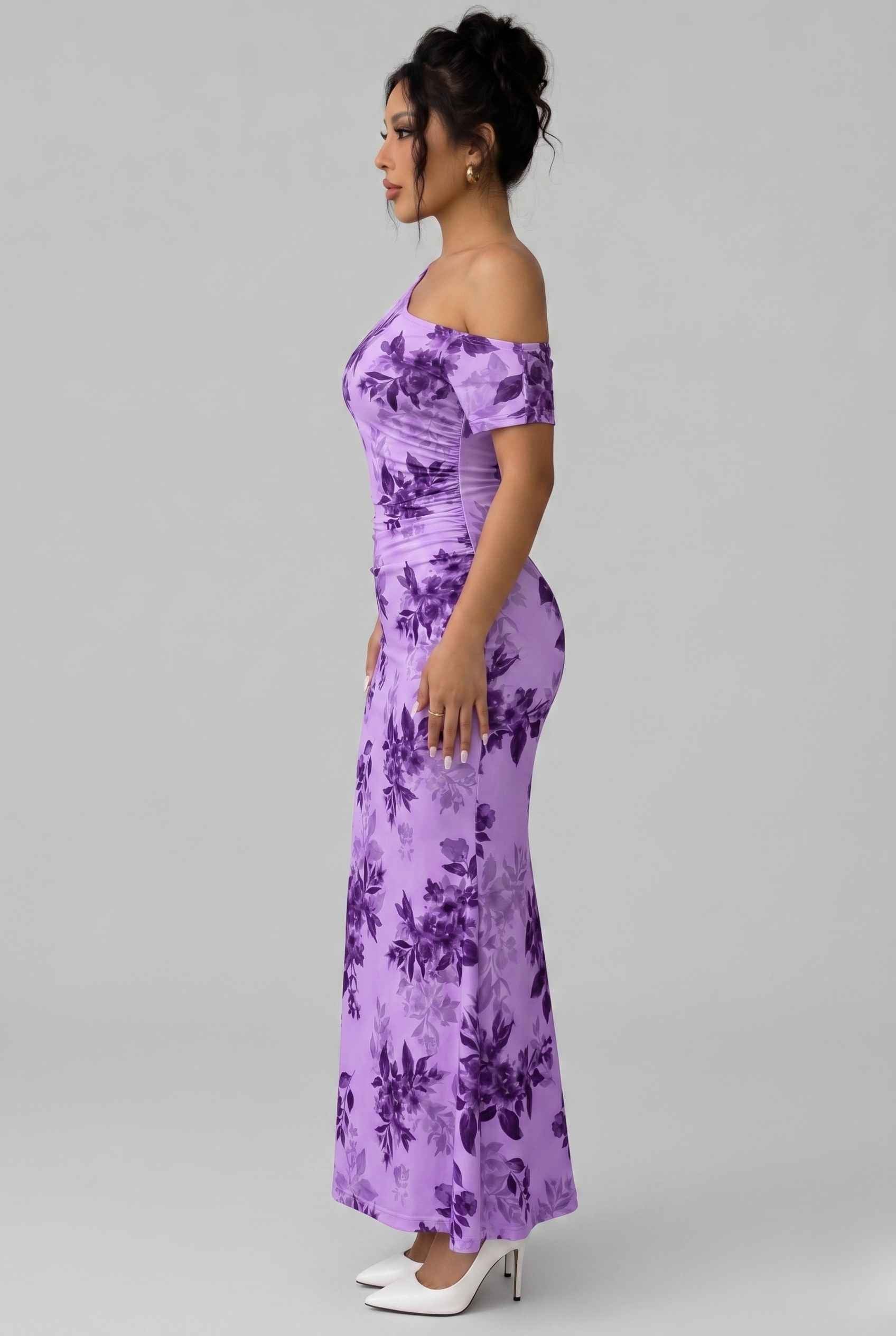 Virtual Model wearing The Arabella One-Shoulder Dress Ruched Purple Floral Long Dress