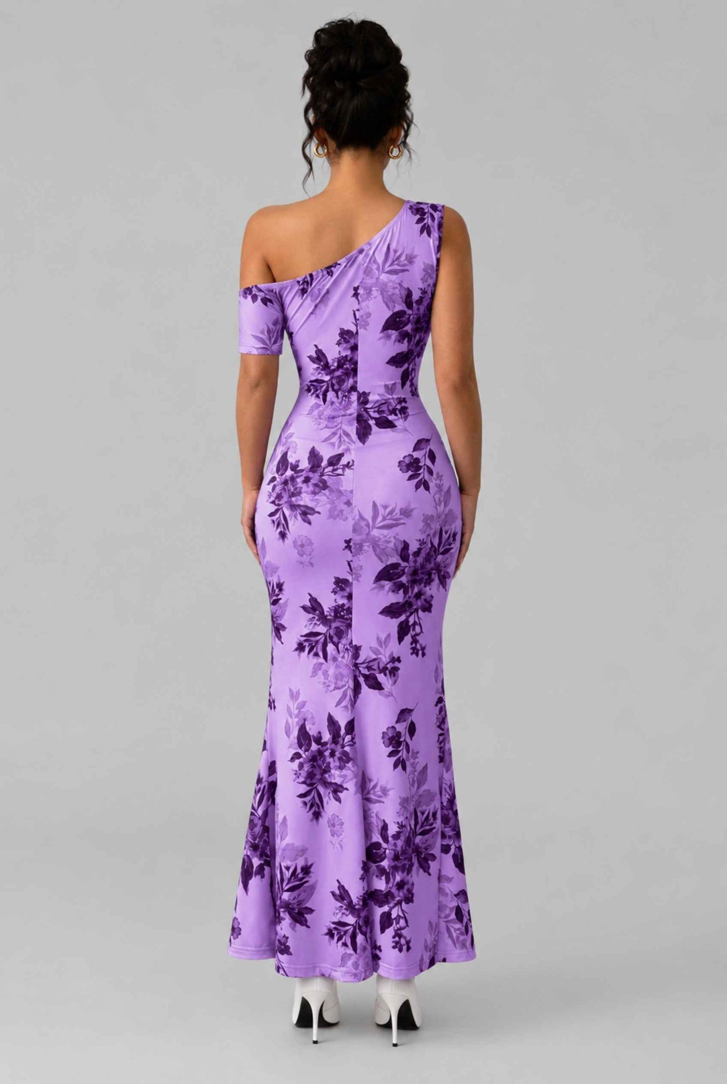 Virtual Model wearing The Arabella One-Shoulder Dress Ruched Purple Floral Long Dress