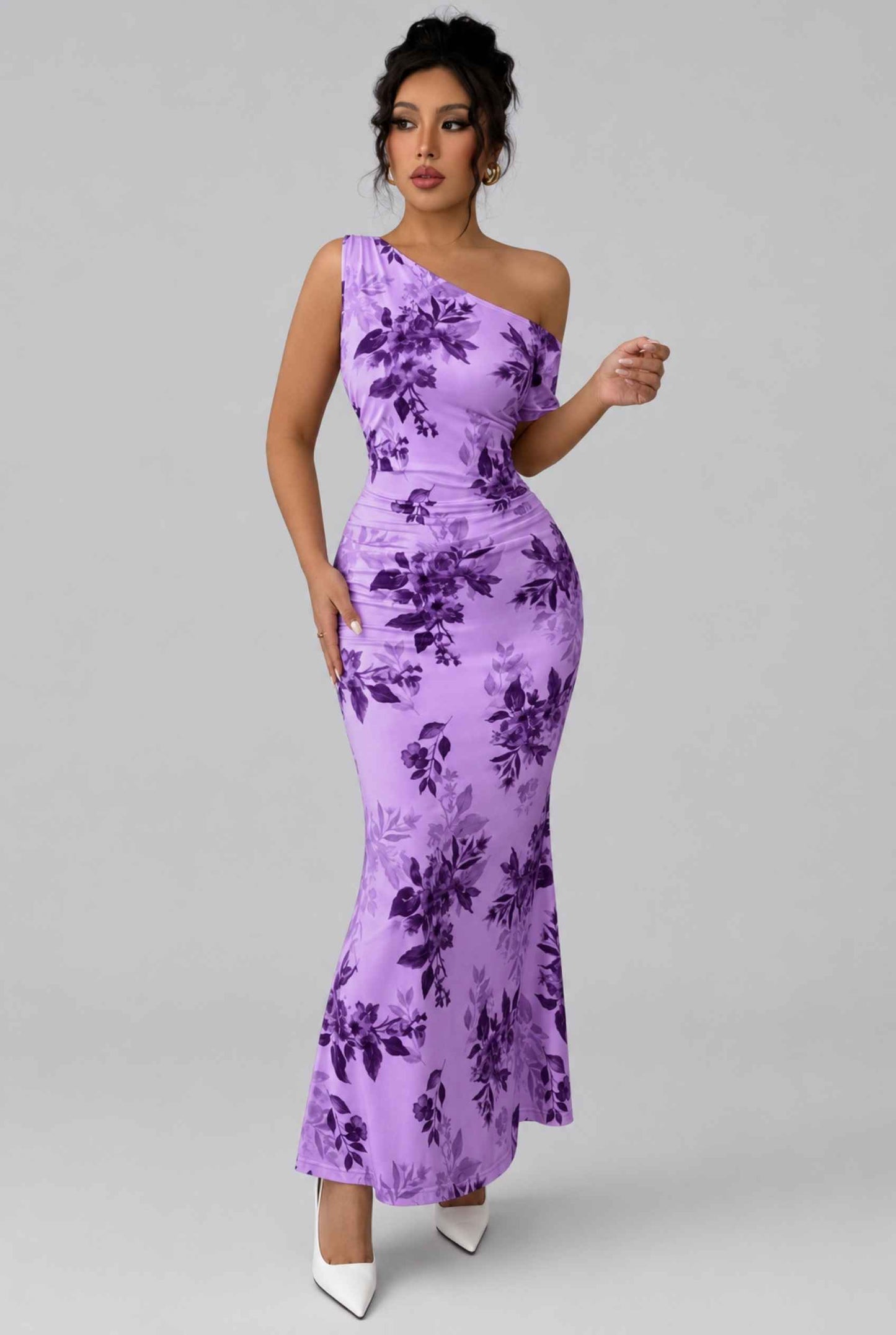 Virtual Model wearing The Arabella One-Shoulder Dress Ruched Purple Floral Long Dress