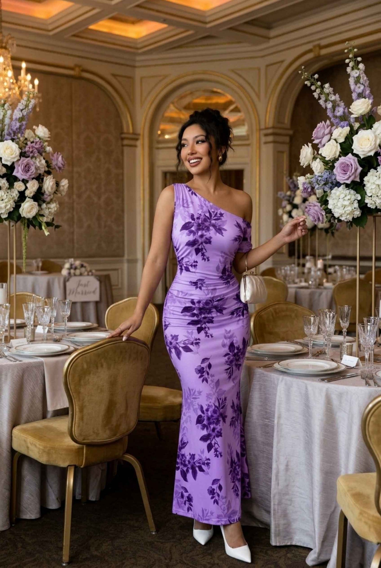 Virtual Model wearing The Arabella One-Shoulder Dress Ruched Purple Floral Long Dress