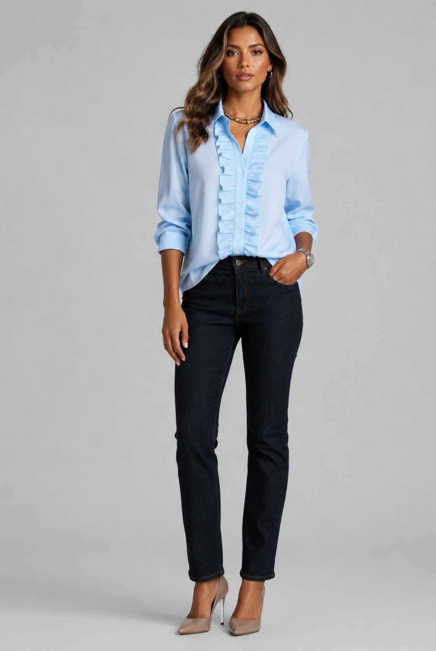 Virtual Model wearing The Aria Ruffle Blouse Ruffle Georgette Blue Button-Down Blouse