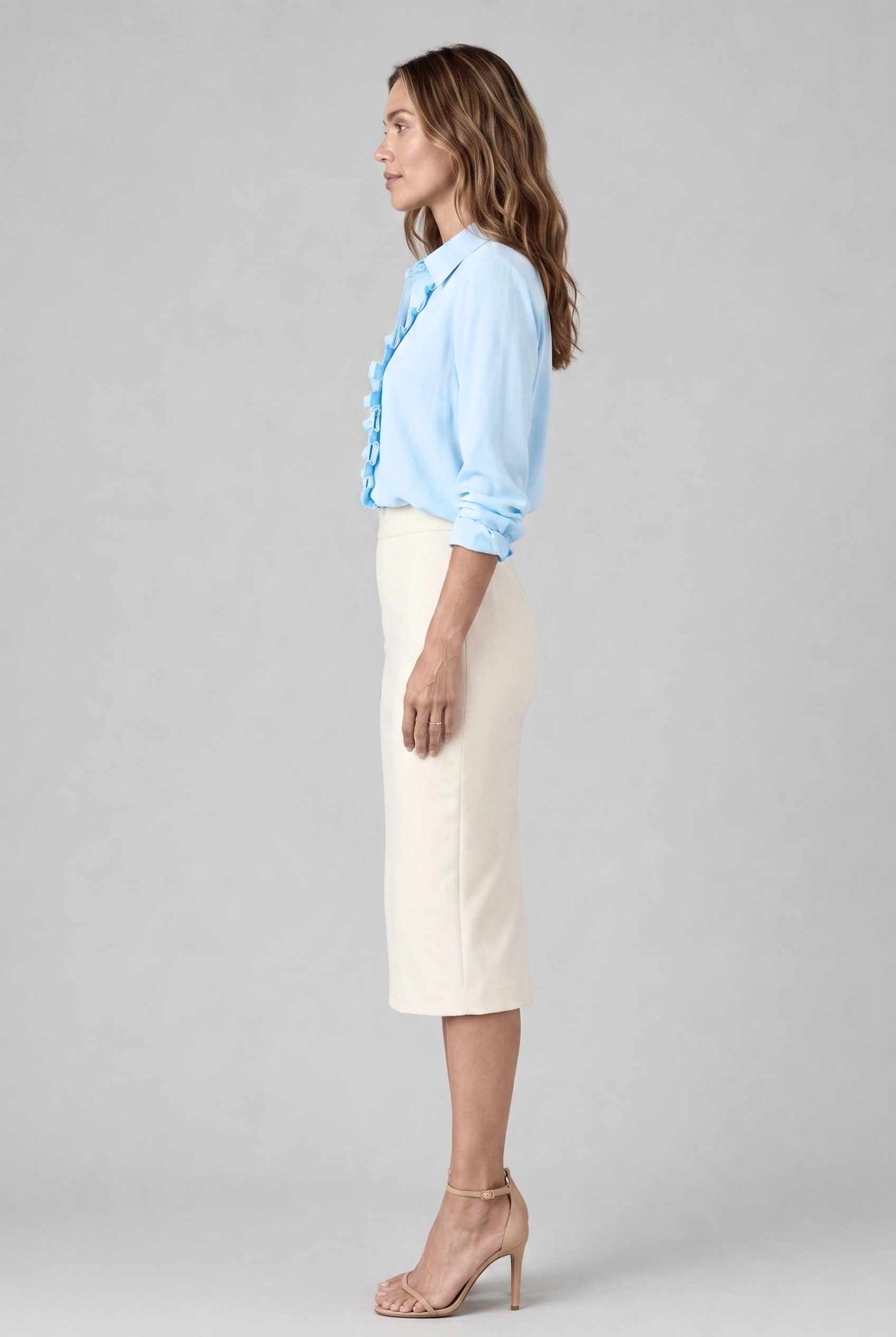 Virtual model wearing The Aria Ruffle Blouse Ruffle Georgette Button-Down Blouse in Blue