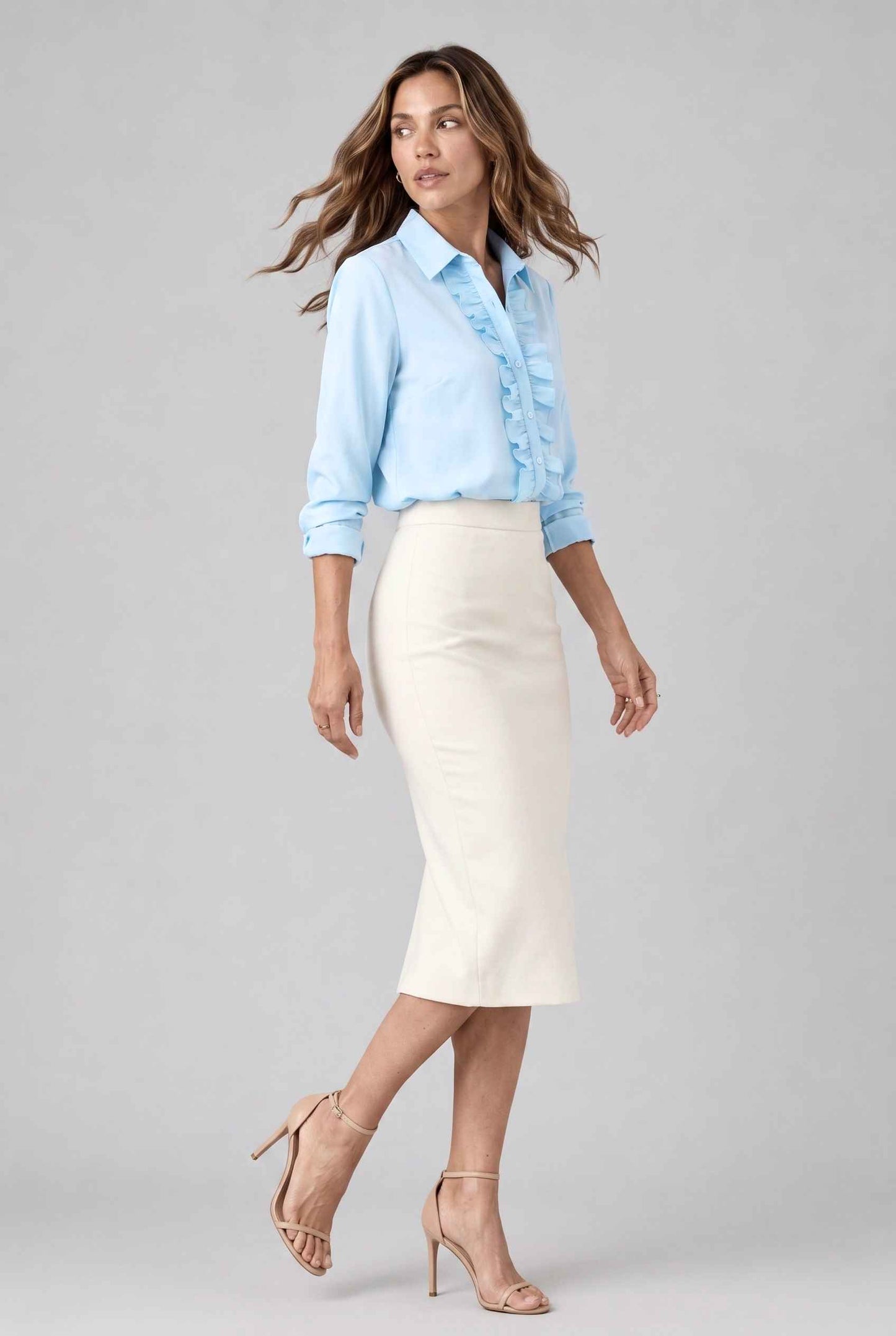 Virtual model wearing The Aria Ruffle Blouse Ruffle Georgette Button-Down Blouse in Blue