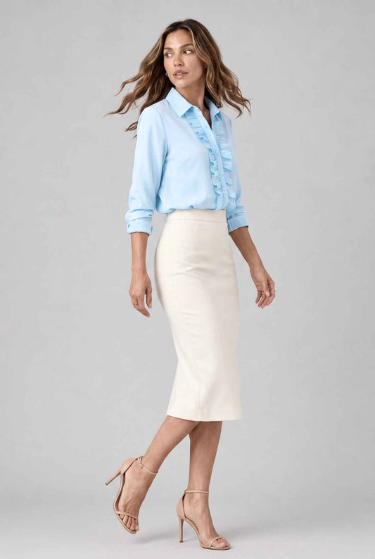 Virtual model wearing The Aria Ruffle Blouse Ruffle Georgette Button-Down Blouse in Blue