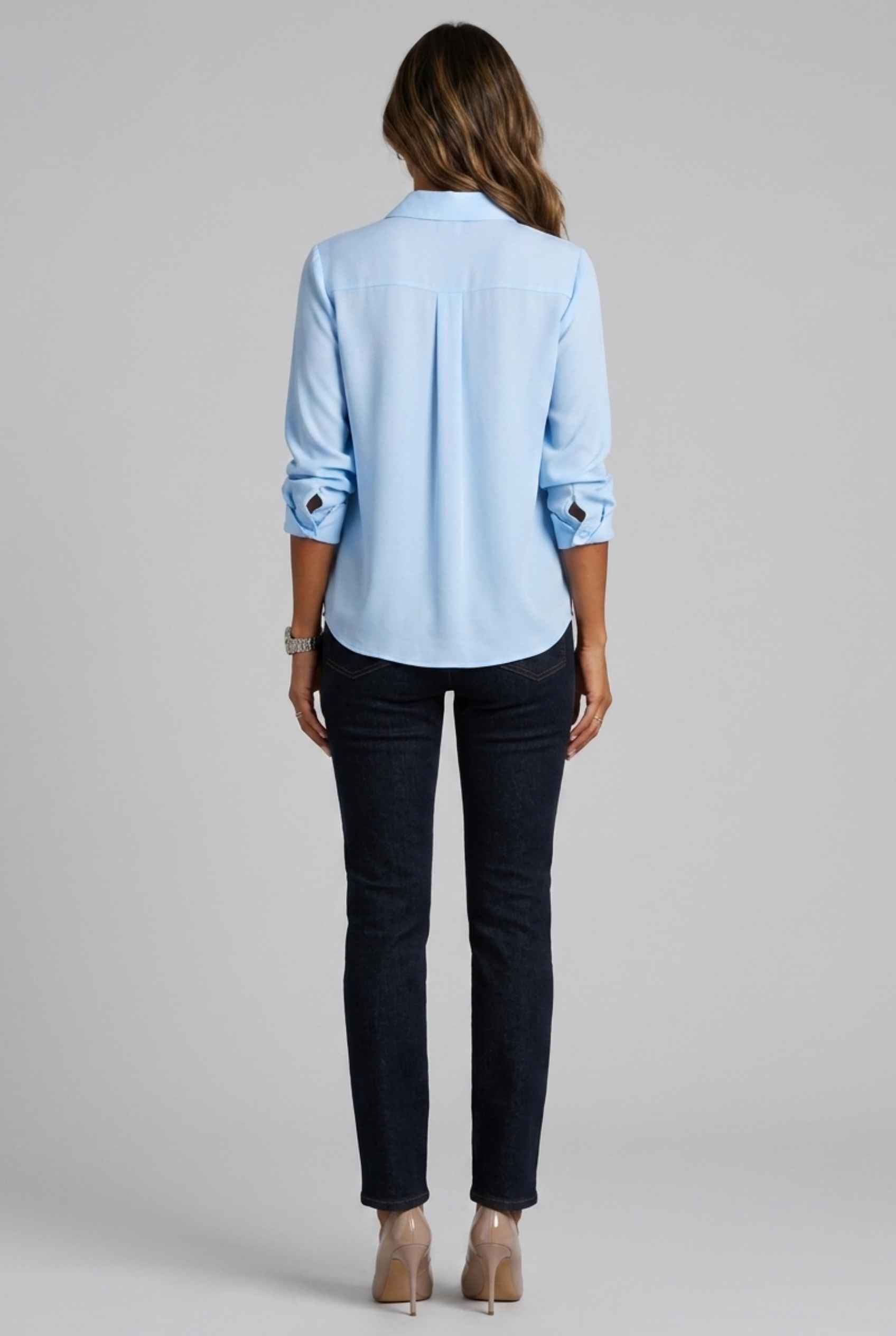 Virtual Model wearing The Aria Ruffle Blouse Ruffle Georgette Blue Button-Down Blouse