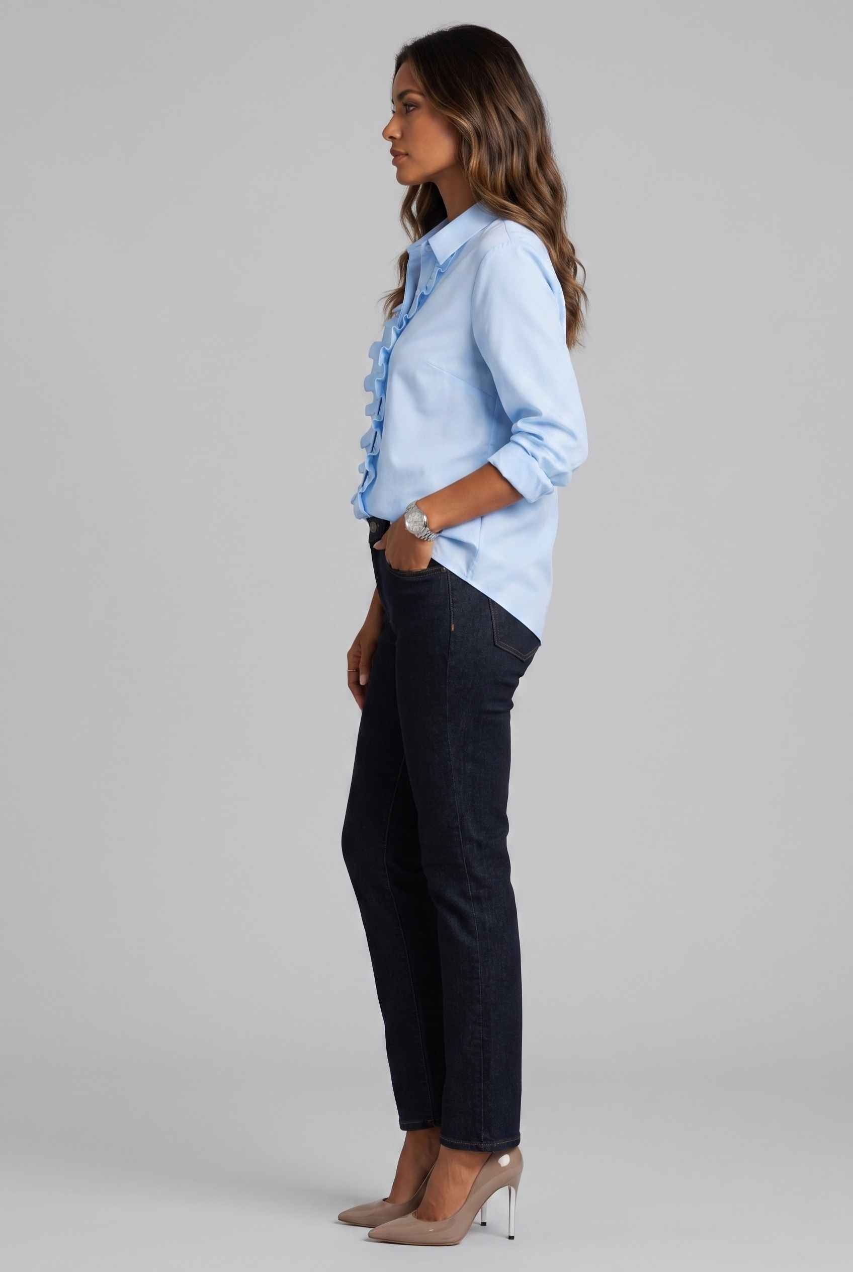 Virtual Model wearing The Aria Ruffle Blouse Ruffle Georgette Blue Button-Down Blouse