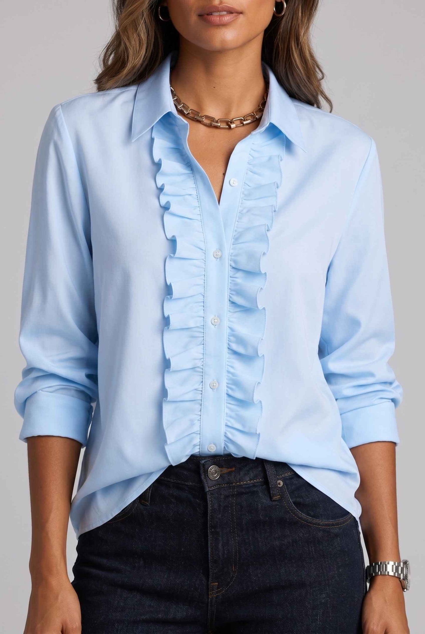 Virtual Model wearing The Aria Ruffle Blouse Ruffle Georgette Blue Button-Down Blouse