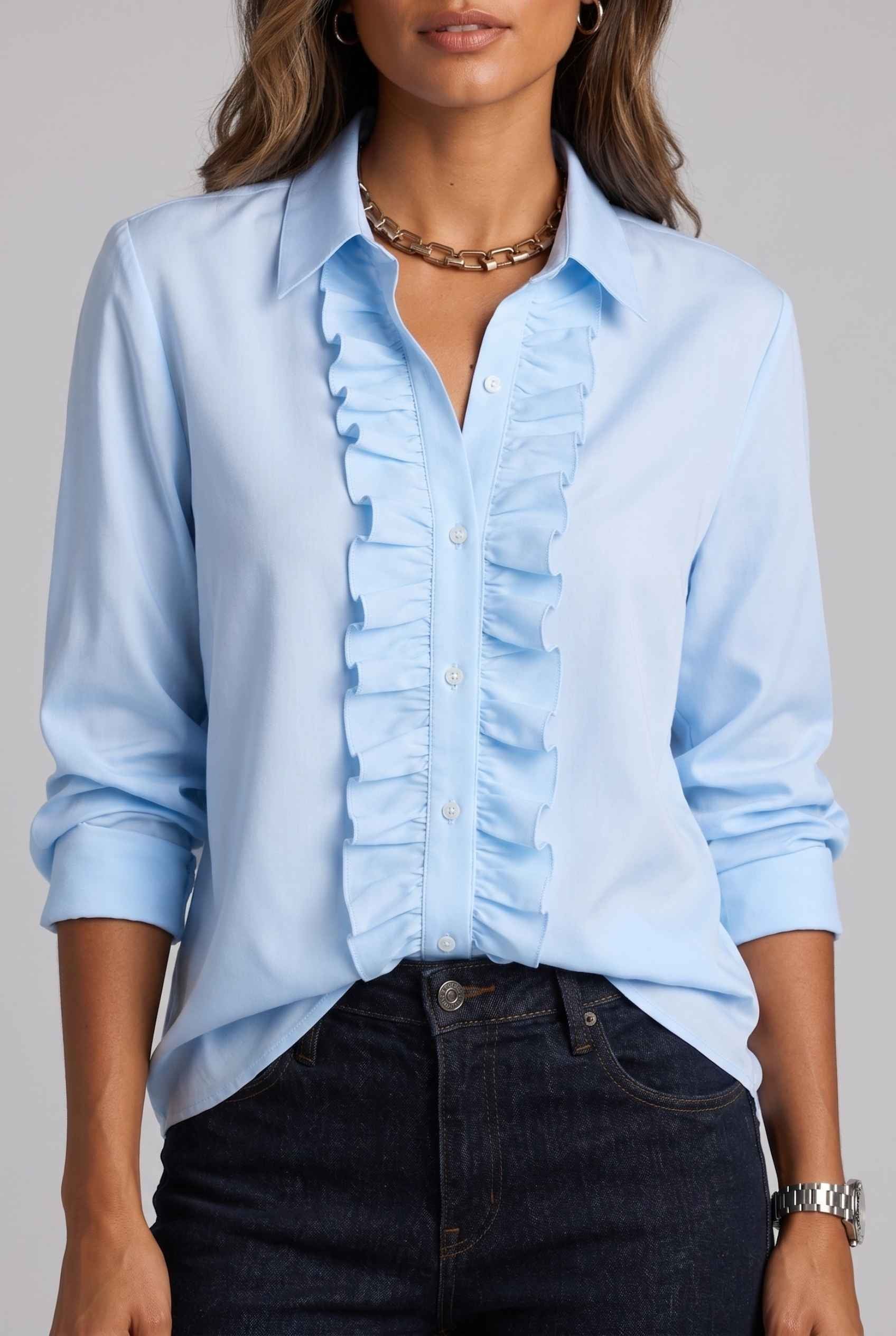 Virtual Model wearing The Aria Ruffle Blouse Ruffle Georgette Blue Button-Down Blouse