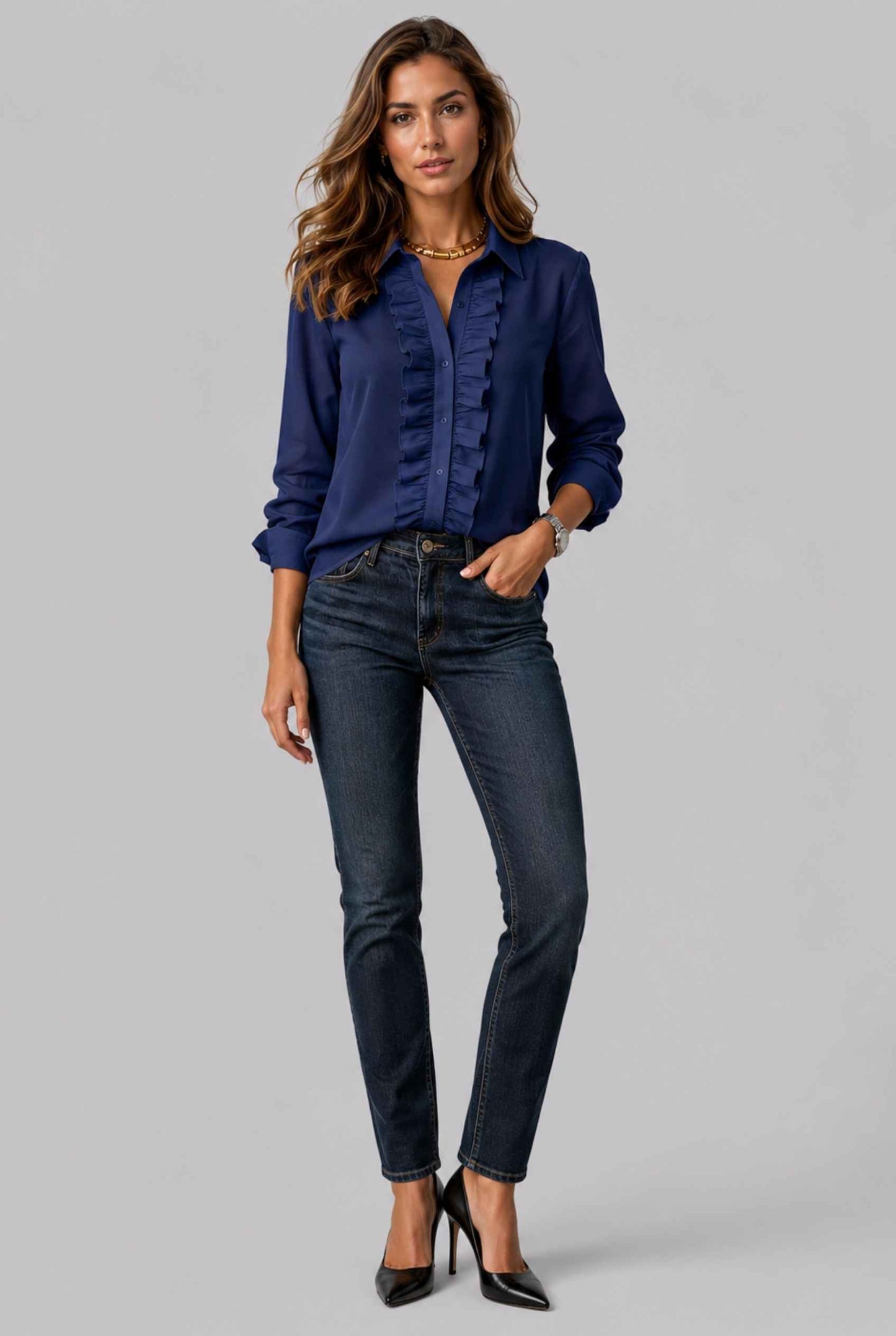 Virtual Model wearing The Aria Ruffle Blouse Ruffle Georgette Navy Button-Down Blouse