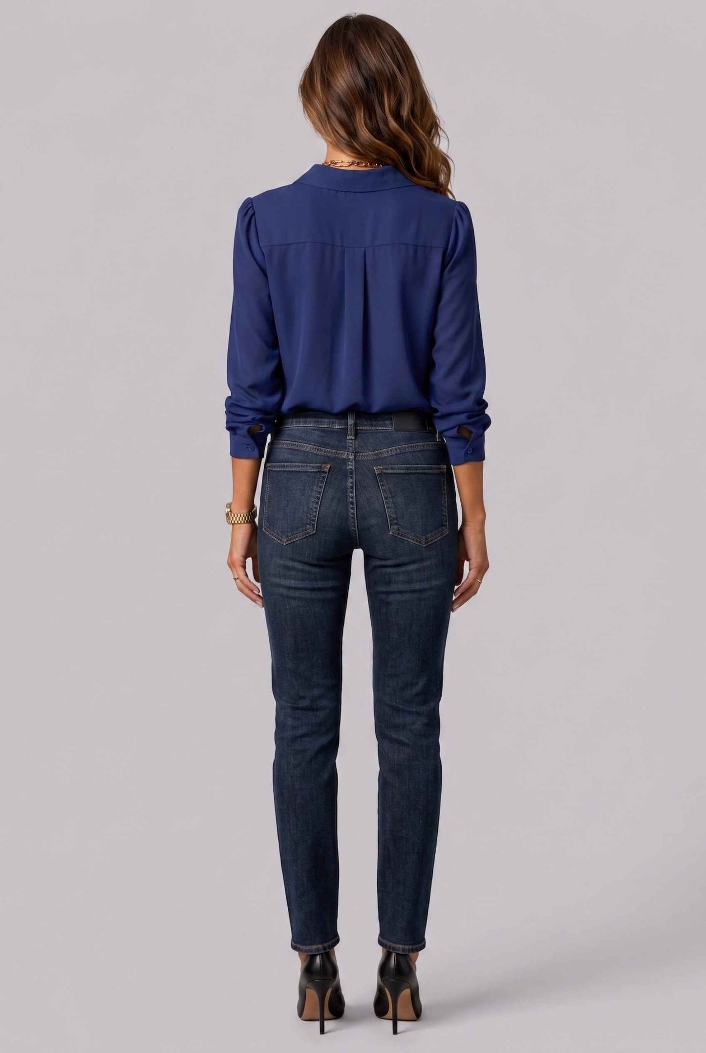 Virtual Model wearing The Aria Ruffle Blouse Ruffle Georgette Navy Button-Down Blouse