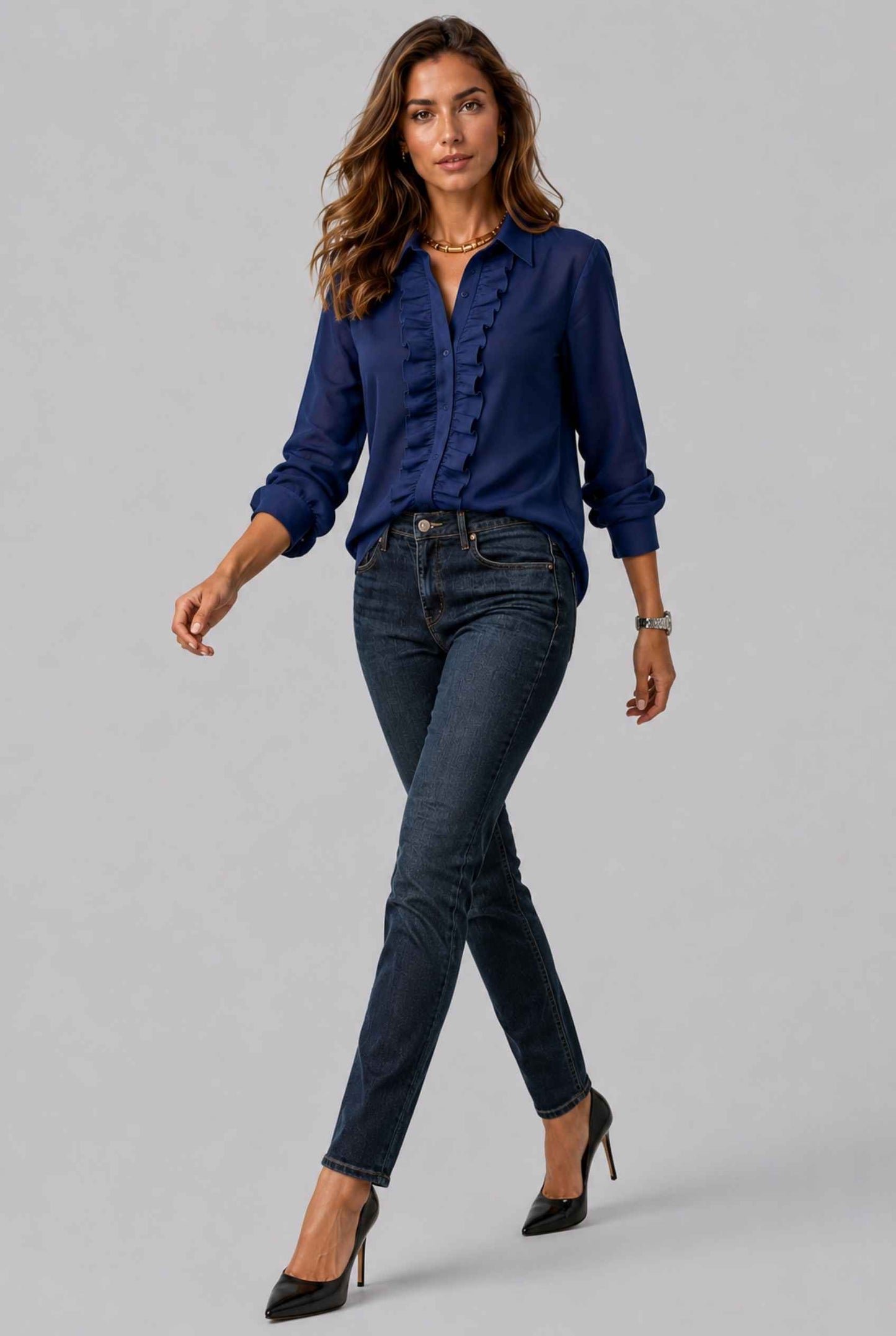 Virtual Model wearing The Aria Ruffle Blouse Ruffle Georgette Navy Button-Down Blouse