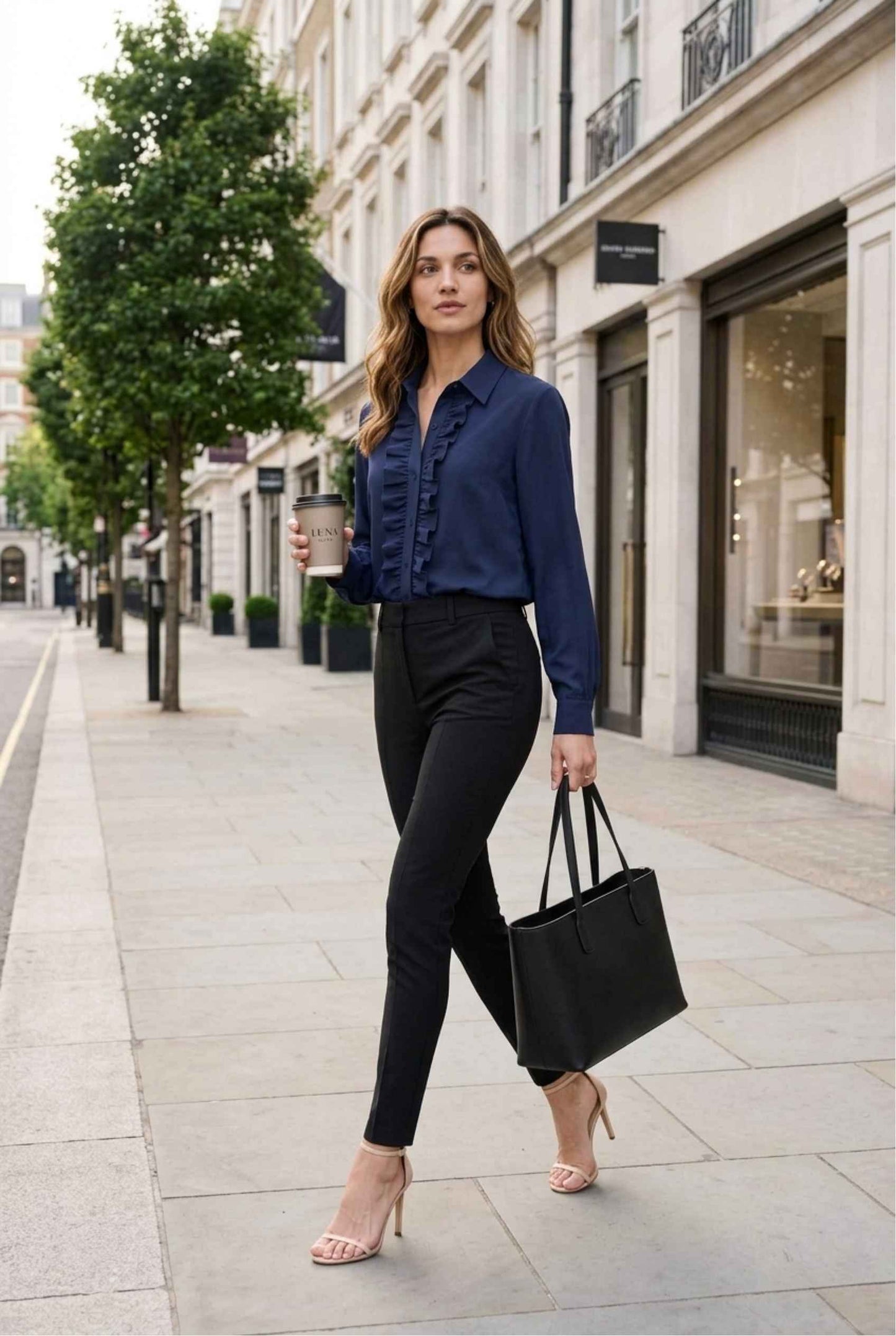 Virtual model wearing The Aria Ruffle Blouse Ruffle Georgette Button-Down Blouse in Navy