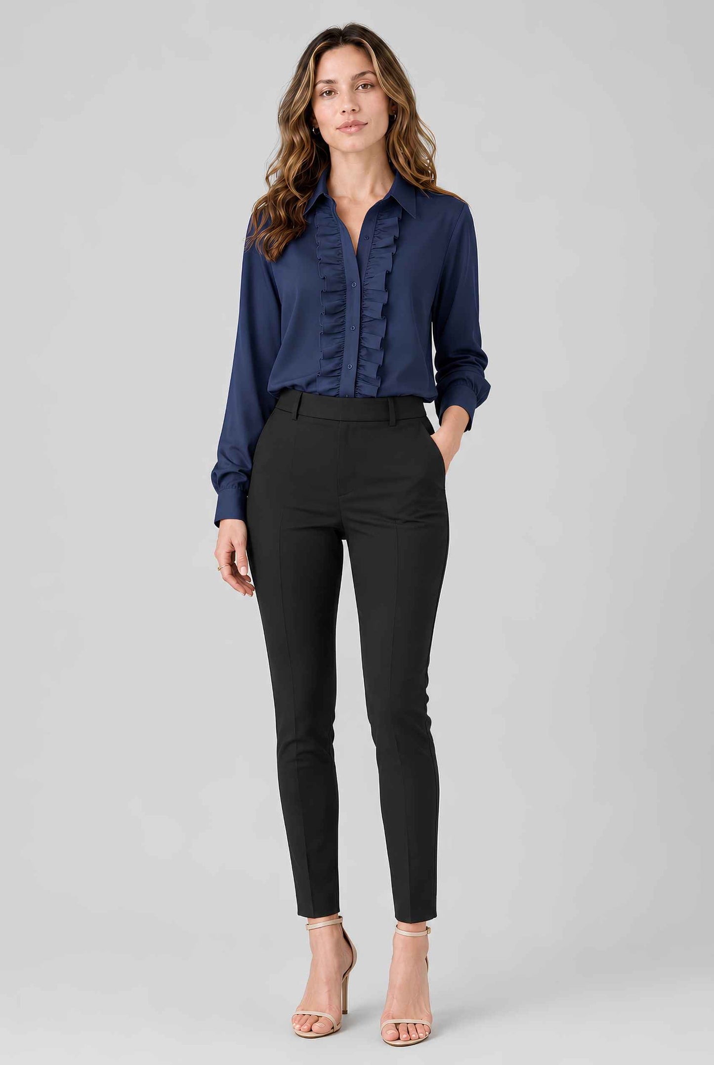 Virtual model wearing The Aria Ruffle Blouse Ruffle Georgette Button-Down Blouse in Navy
