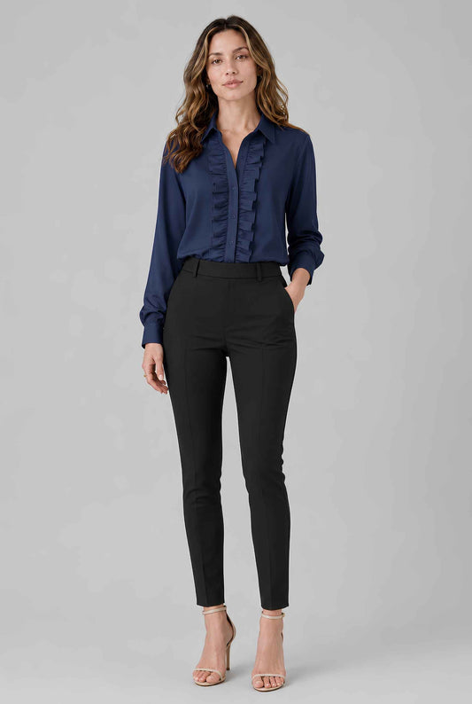 Virtual model wearing The Aria Ruffle Blouse Ruffle Georgette Button-Down Blouse Navy