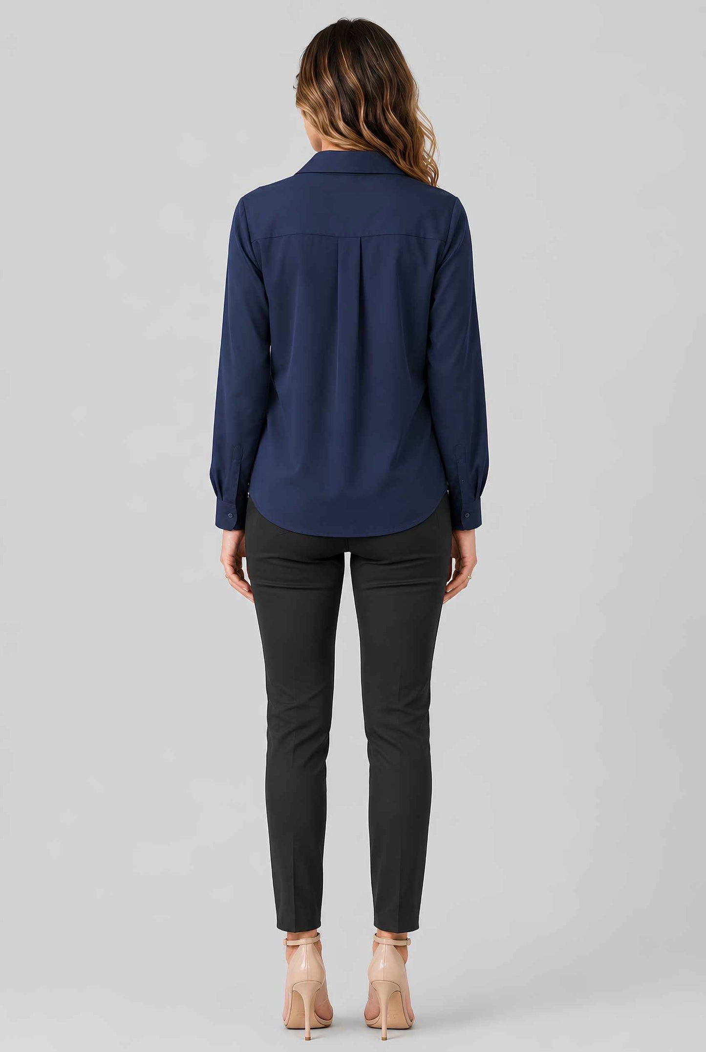 Virtual model wearing The Aria Ruffle Blouse Ruffle Georgette Button-Down Blouse in Navy