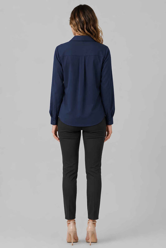 Virtual model wearing The Aria Ruffle Blouse Ruffle Georgette Button-Down Blouse Navy