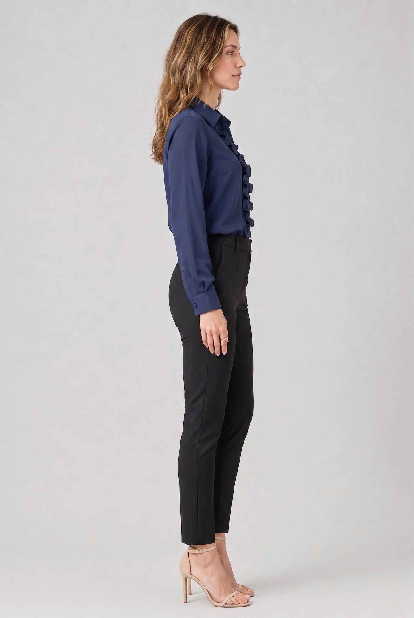 Virtual model wearing The Aria Ruffle Blouse Ruffle Georgette Button-Down Blouse in Navy